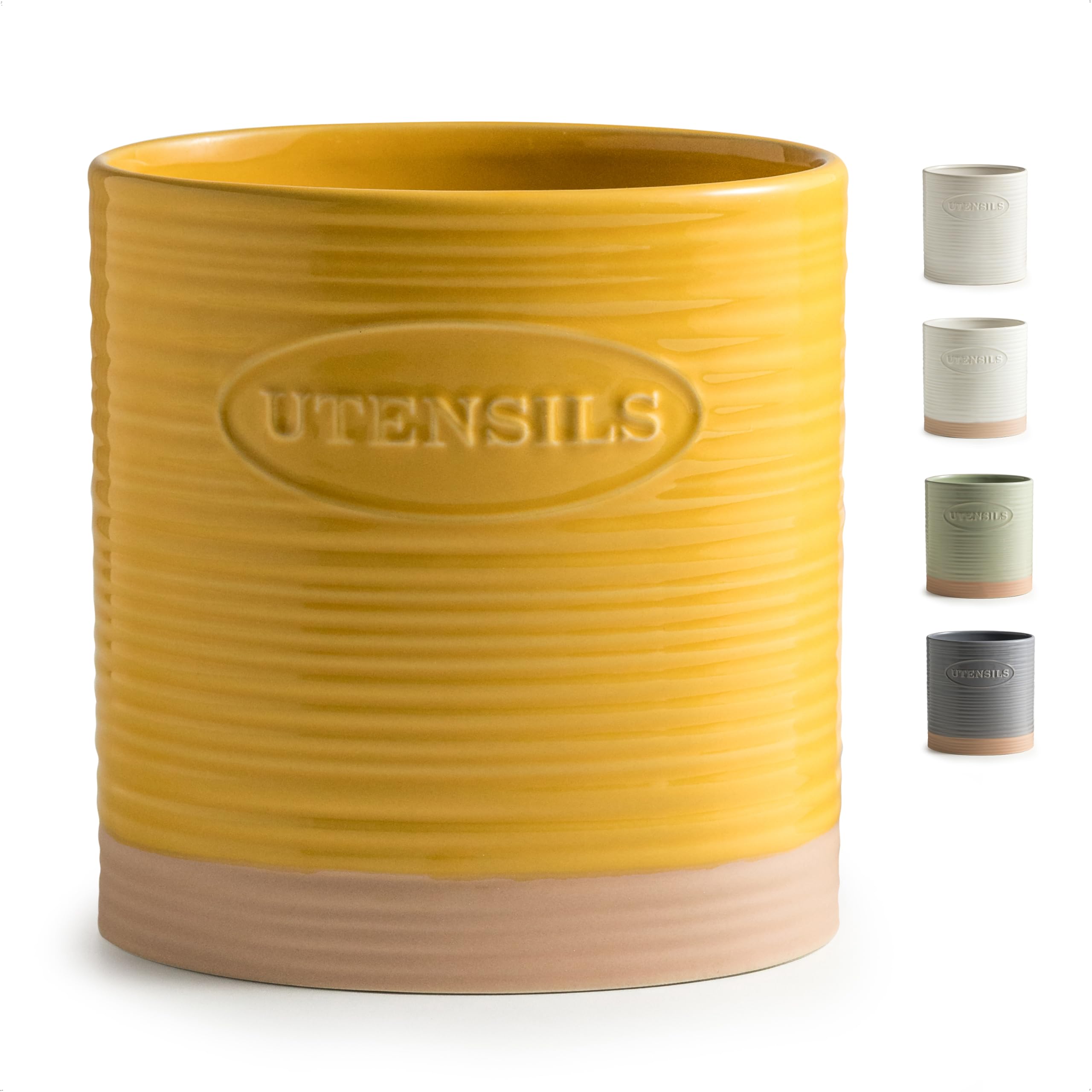 Premium Ceramic Kitchen Utensil Holder - Large Oval Countertop Organizer for Cooking Tools (Yellow) | Perfect for Storing Spoons, Spatulas & Utensils by Stove or Sink