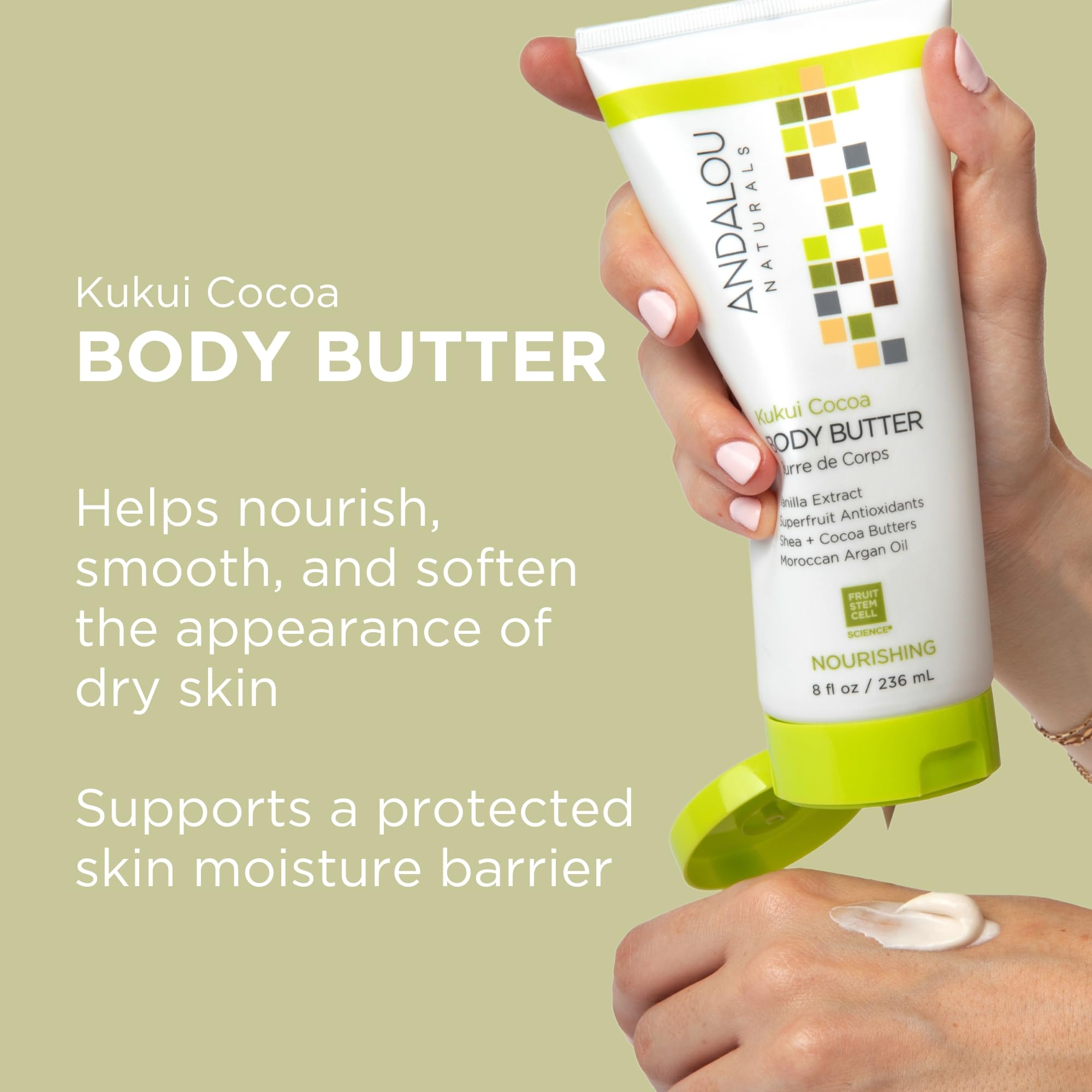 Andalou Naturals Kukui Cocoa Nourishing Body Butter - 8 Oz Shea Butter, Cocoa Butter & Argan Oil for Dry Skin - Vegan & Cruelty-Free Moisturizer - Perfect for Daily Hydration & Nighttime Skin Repair