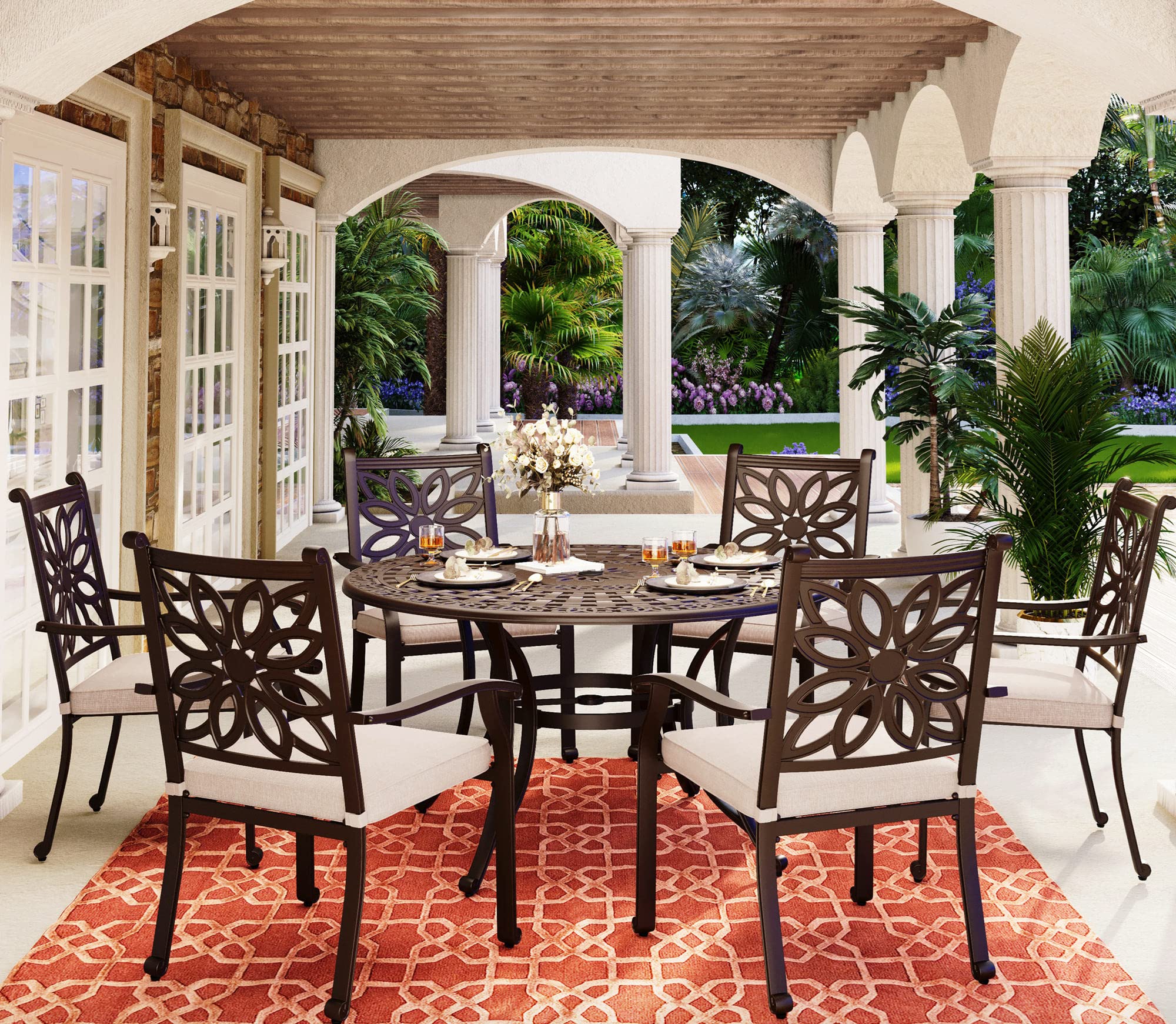 MFSTUDIO 7-Piece Cast Aluminum Patio Dining Set - 6 Extra Wide Chairs & 54
