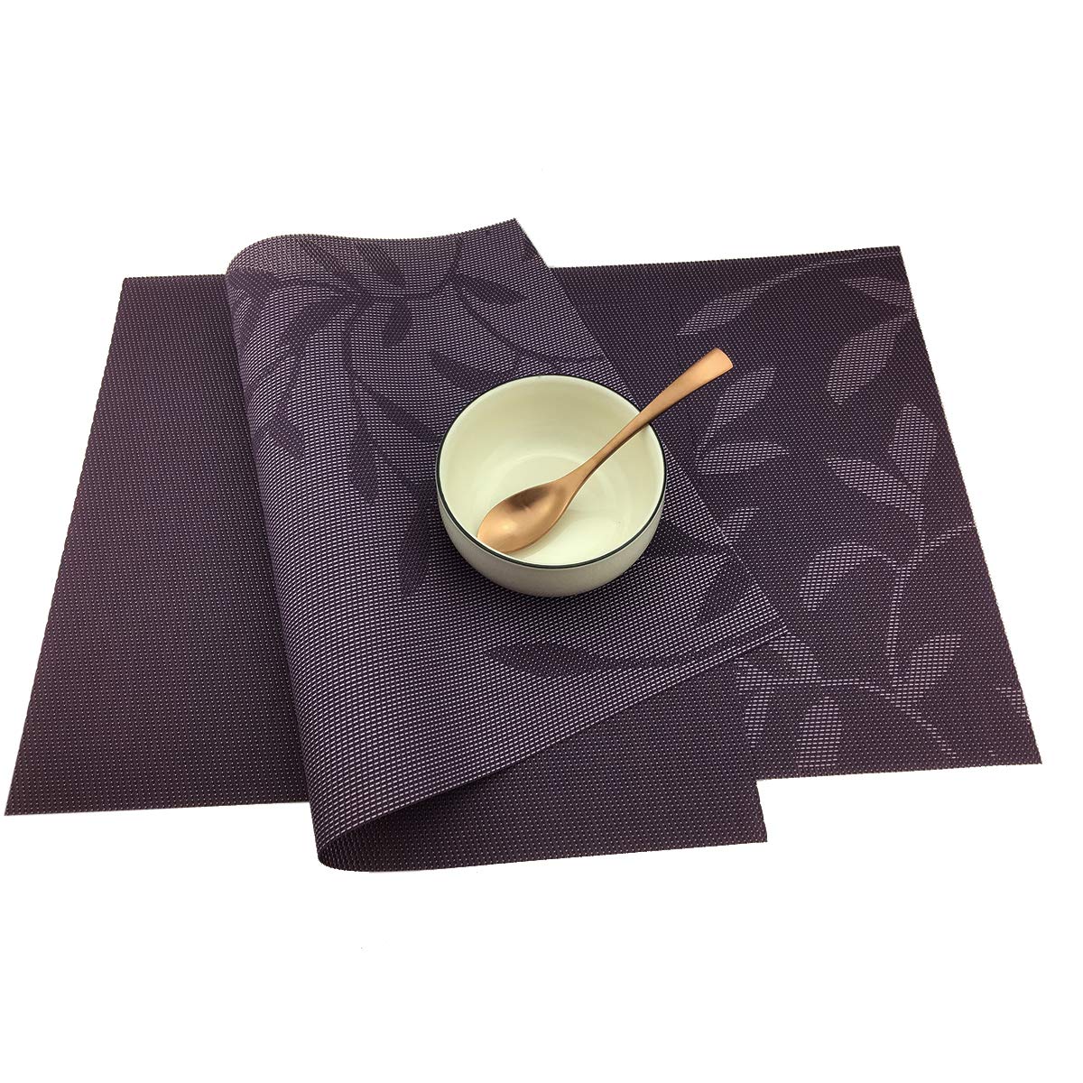 Gugrida 6-Piece PVC Woven Vinyl Placemats Set - Natural Color with Purple Leaves Design | Waterproof & Heat-Resistant Table Mats for Dining Room, Kitchen, and Outdoor Picnics
