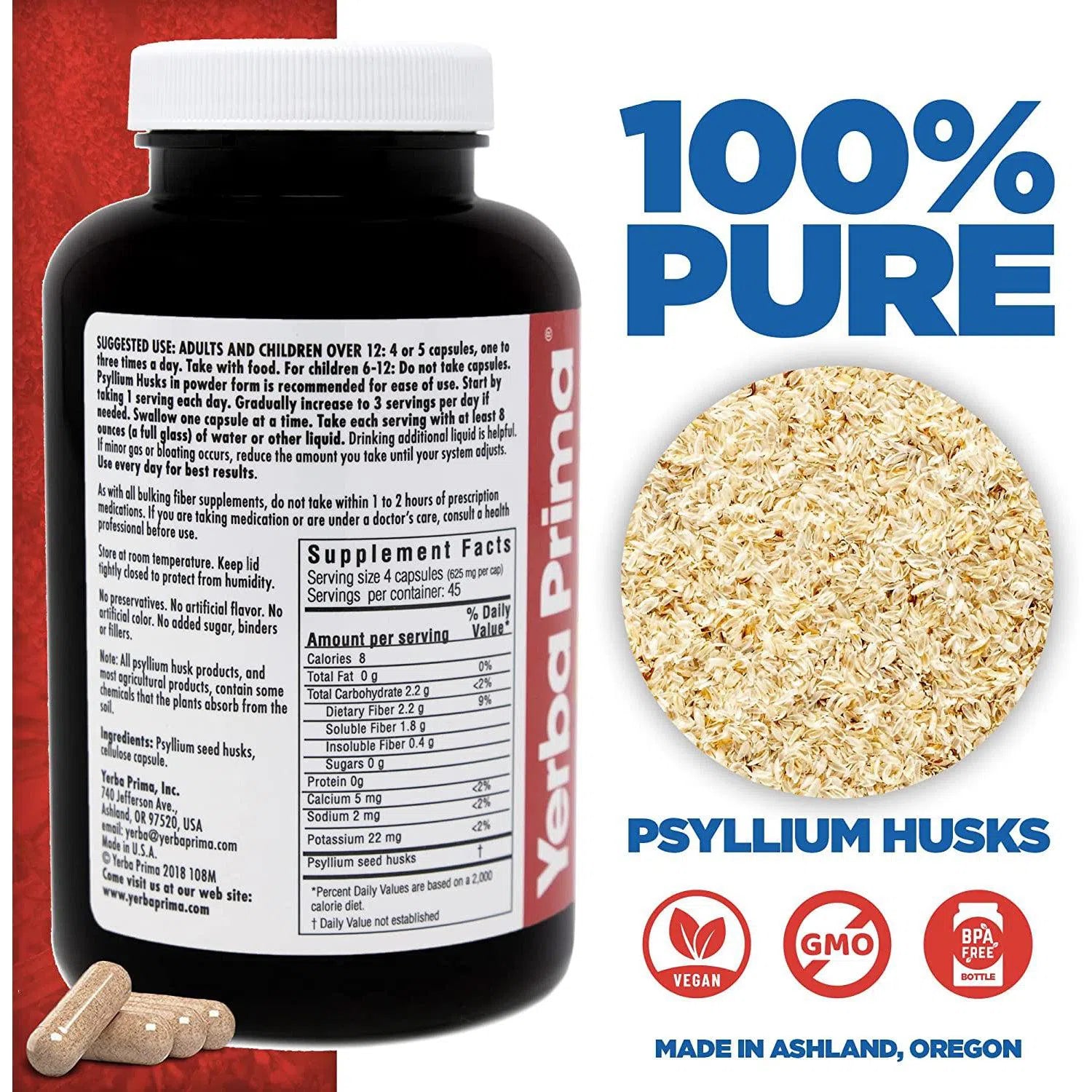 Yerba Prima Psyllium Husks Veg Caps - 100% Pure Natural Fiber Supplement for Digestive Health & Weight Management - Perfect for Smoothies, Baking & Daily Wellness Routine