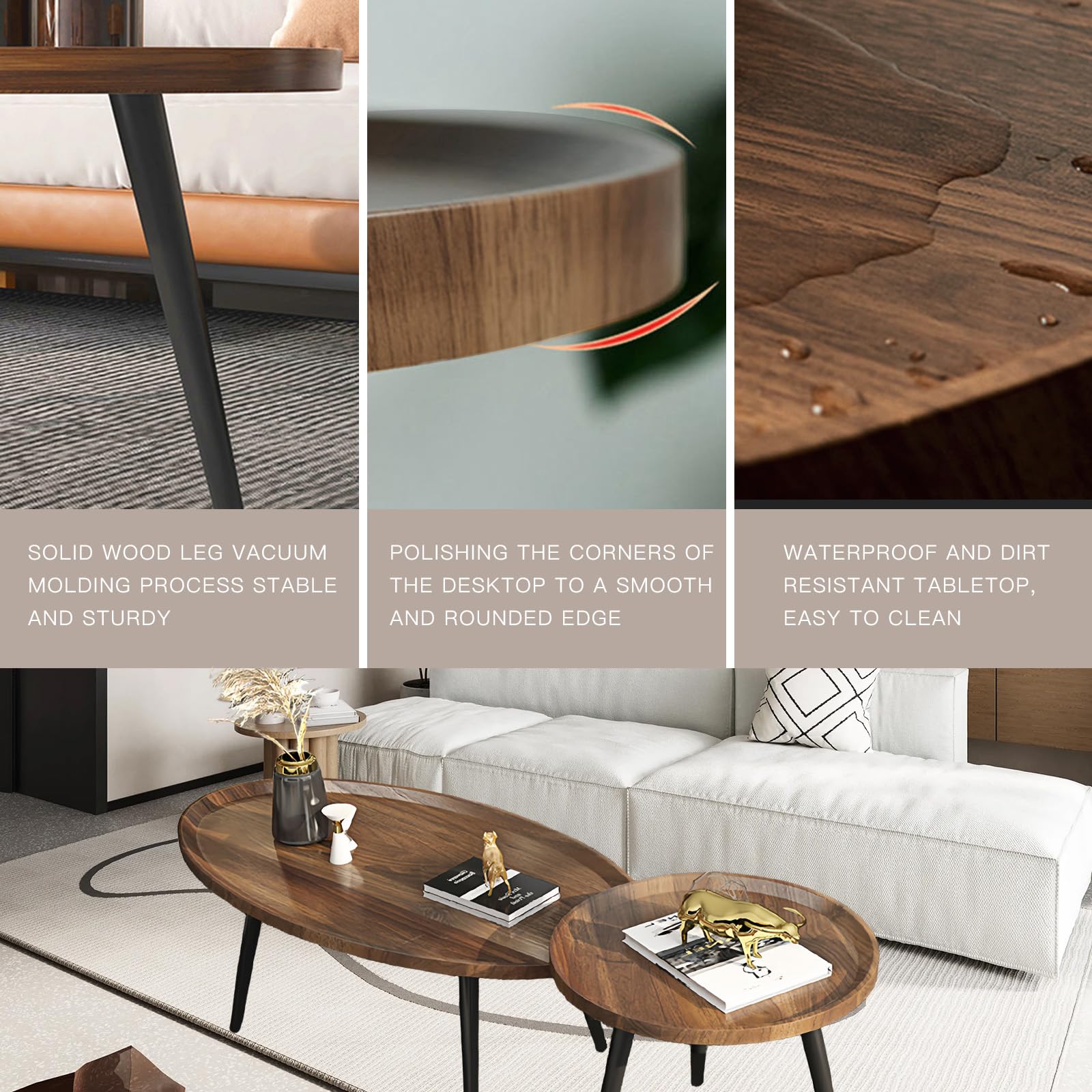 Modern Oval Nesting Coffee Table Set of 2 with Wood Legs - Walnut Finish Living Room, Bedroom & Office Accent Tables (31.5”+19.6”) - Perfect for Small Spaces, Conversation Areas & Home Decor