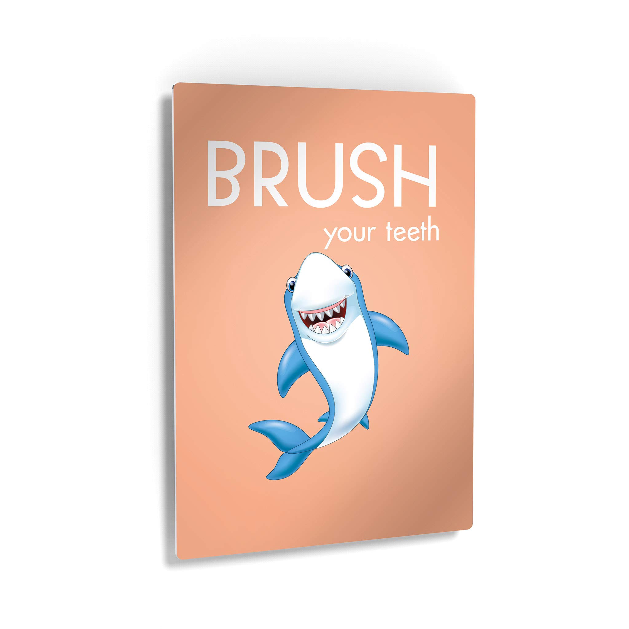 Funny Kids Bathroom Wall Art - Smile Art Design Brush Your Teeth Quote Metal Print, Shark Nursery Decor, Ready to Hang Bathroom Sign (36x24) | Made in USA | Perfect for Kids' Bathrooms, Nurseries & Playrooms