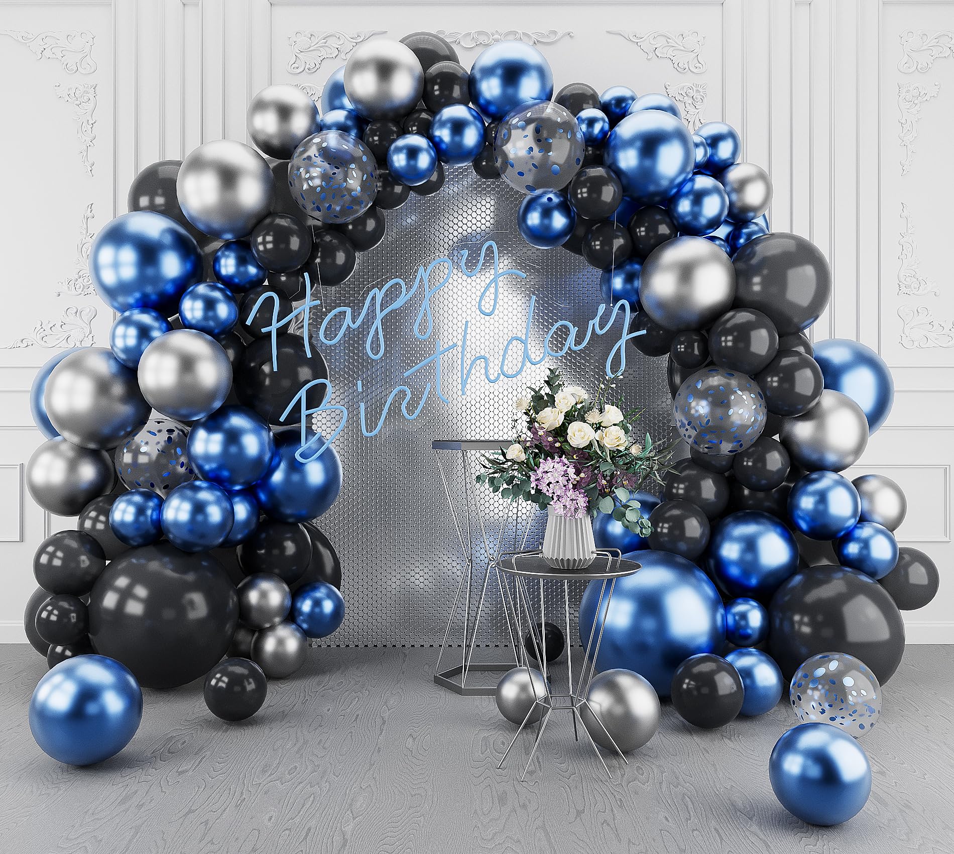 SRLODN 148Pcs Blue Silver Black Balloons Garland Arch Kit - Metallic Confetti Balloons for Baby Shower, Birthday, New Year, Graduation, Anniversary, Retirement Party Decorations | Perfect for Indoor & Outdoor Events, Photo Backdrops, and Celebration Decor