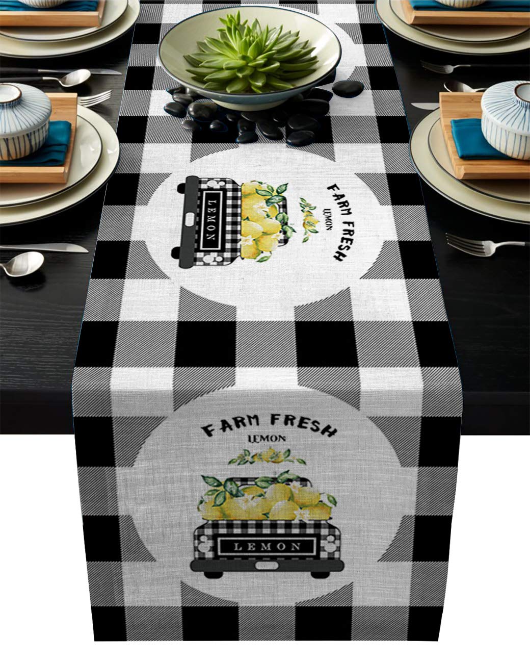 Non-Slip Truck Farm Lemon Fruit Table Runner - 14x72 Inch Black White Plaid Rectangle Table Decor for Kitchen, Coffee Table, Dresser & Foyer | Perfect for Garden Weddings, Parties & Farmhouse Dining Settings