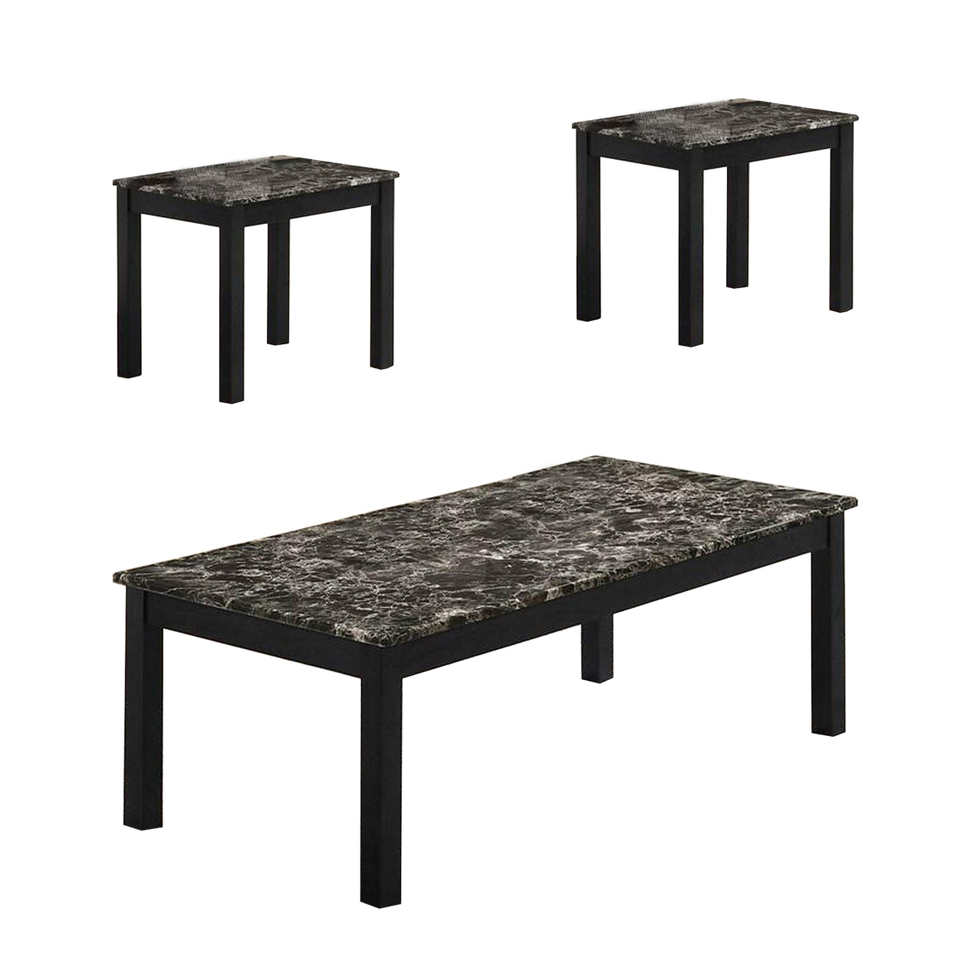 Benjara 3-Piece Coffee Table Set with Faux Marble Top - Black End Tables for Living Room, Modern Side Tables for Sofa & Lounge Furniture