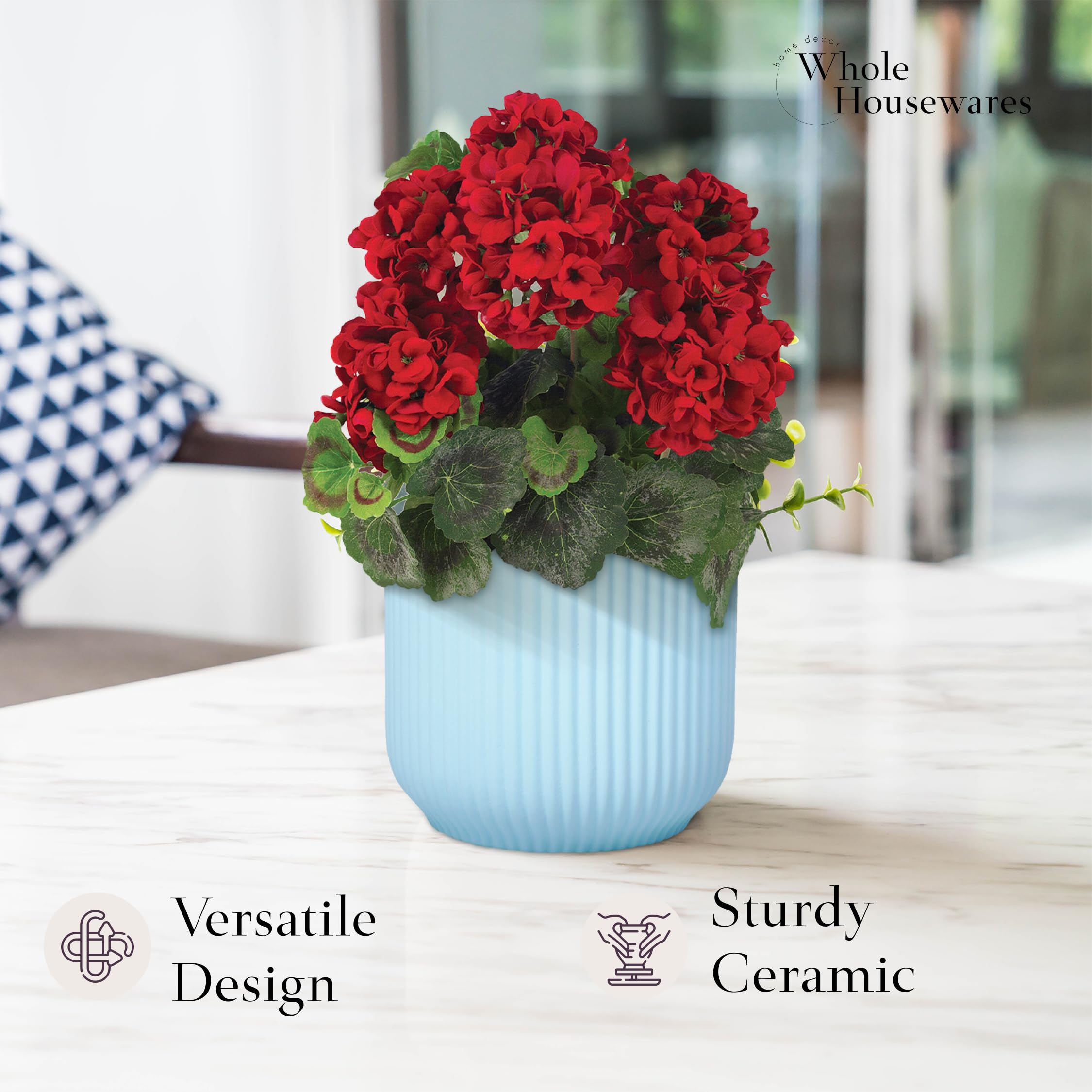 WHOLE HOUSEWARES Ceramic Flower Pot with Drainage Hole - Modern Indoor Outdoor Planters for Succulents, Herbs & Houseplants - Retro Style Decorative Planter in Light Blue - Perfect for Home, Office, Balcony & Garden Decor