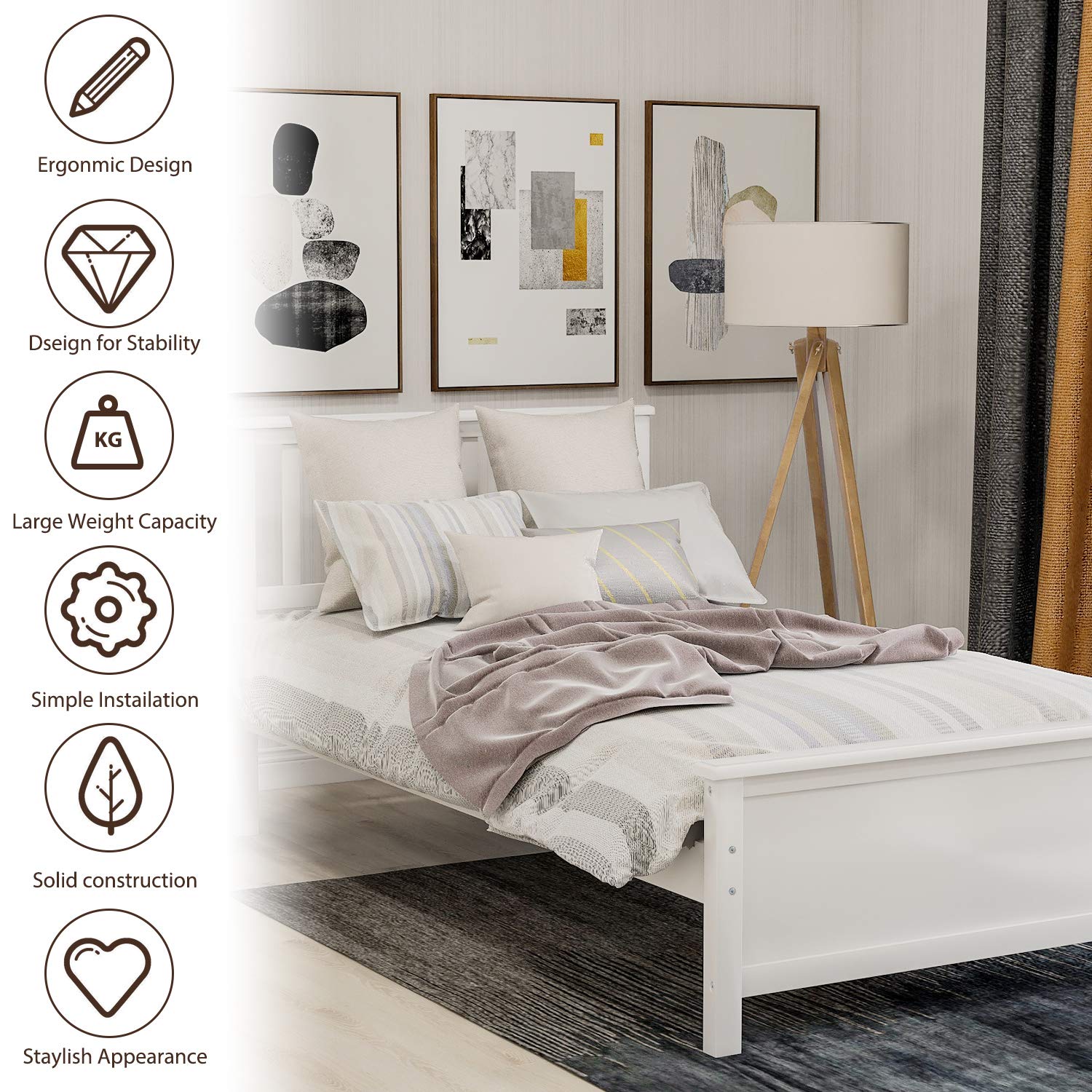 P PURLOVE Twin Bed Frame - Solid Wood Platform Bed with Headboard & Footboard, Wood Slat Support - White - Perfect for Kids Rooms, Guest Bedrooms & Small Spaces