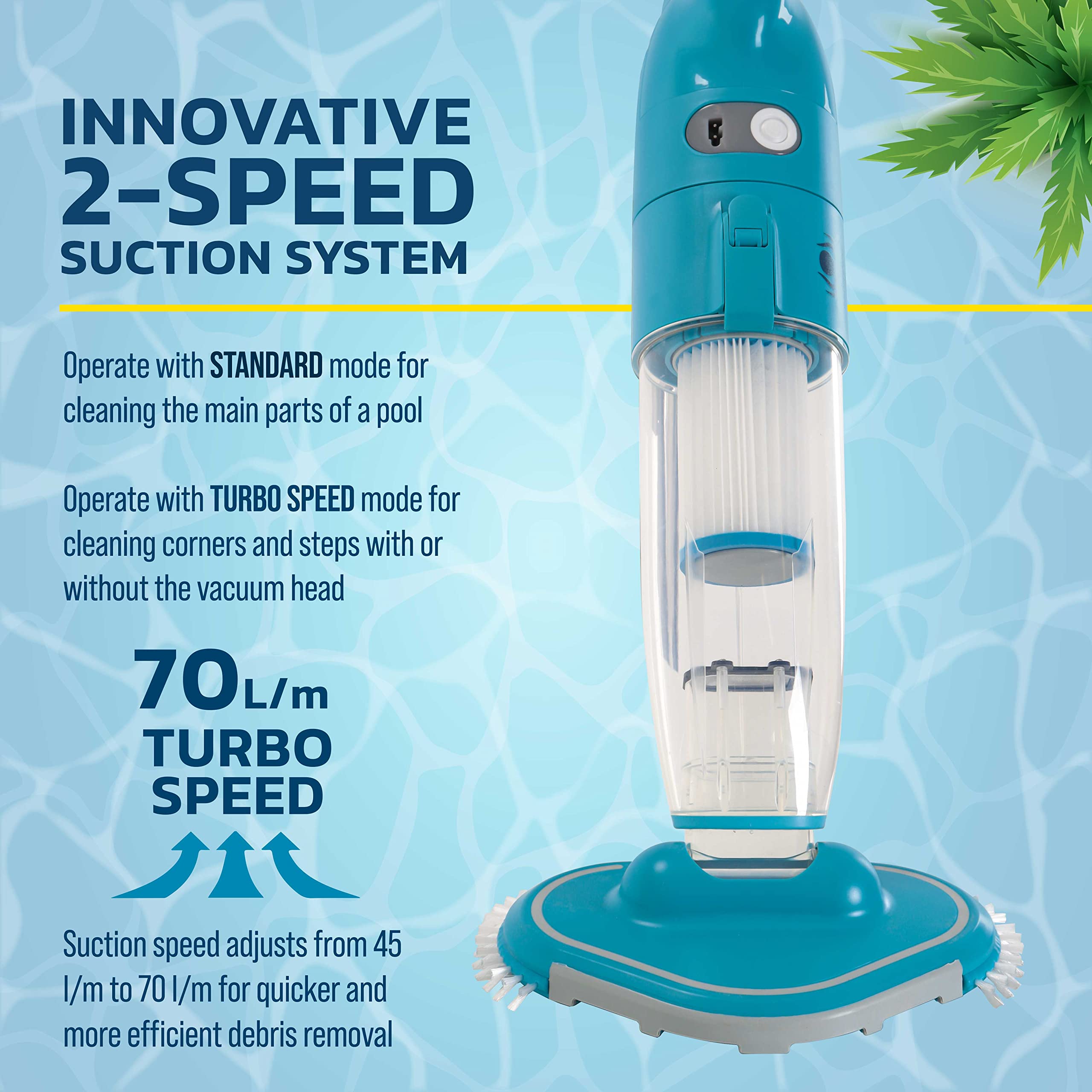 Manual Rechargeable Cordless Pool Vacuum Cleaner - Powerful Suction Handheld Pool Vac for Above Ground & Inground Pools, Hot Tubs, Spas - Includes Scrub Brush Head for Cleaning Leaves & Debris | Perfect for Quick Pool Maintenance & Seasonal Cleaning