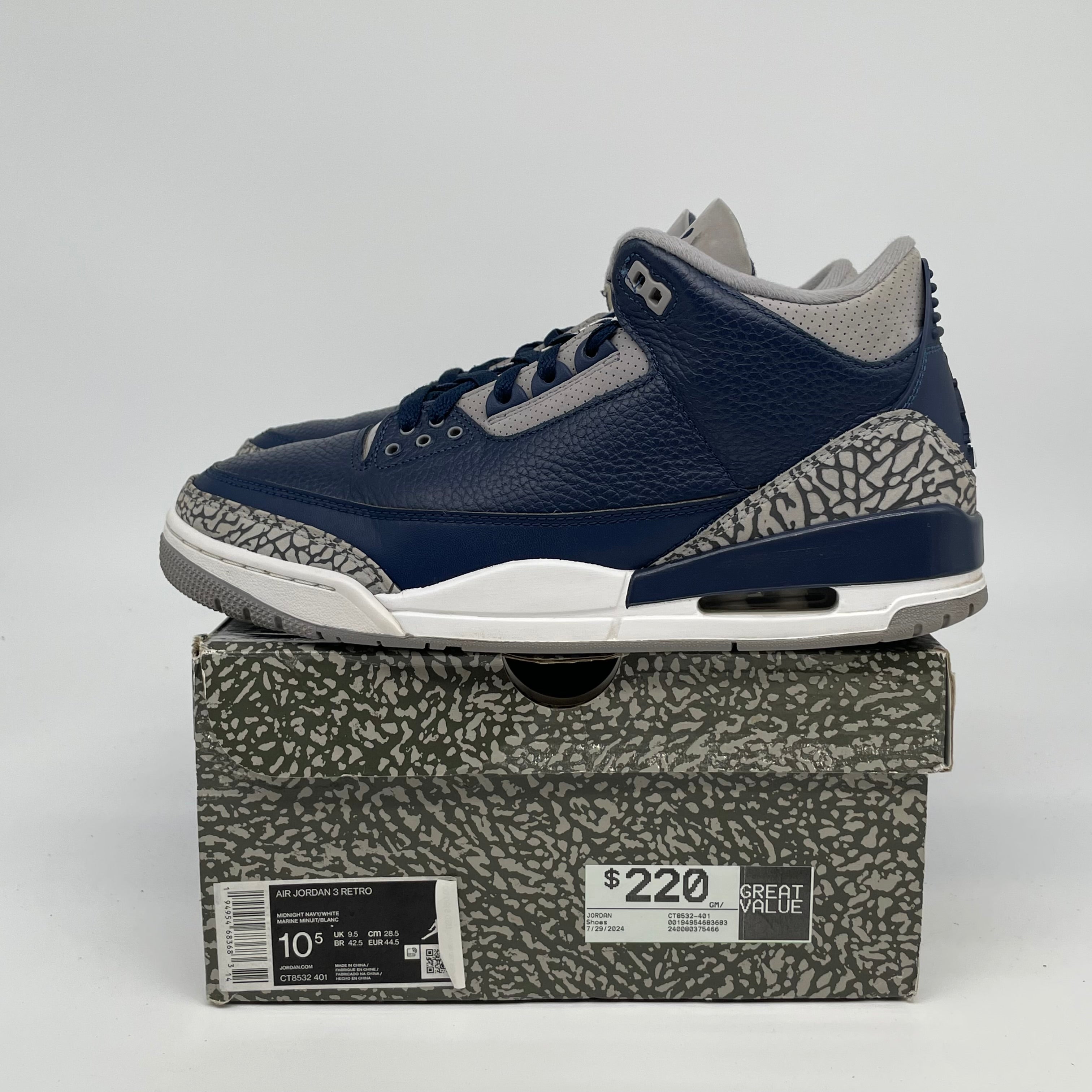 AIR JORDAN 3 GEORGETOWN Retro Basketball Shoes Men's Size 10.5 - White/Blue/Grey (CT8532-401) | Official Nike Sneakers for Streetwear & Basketball Games