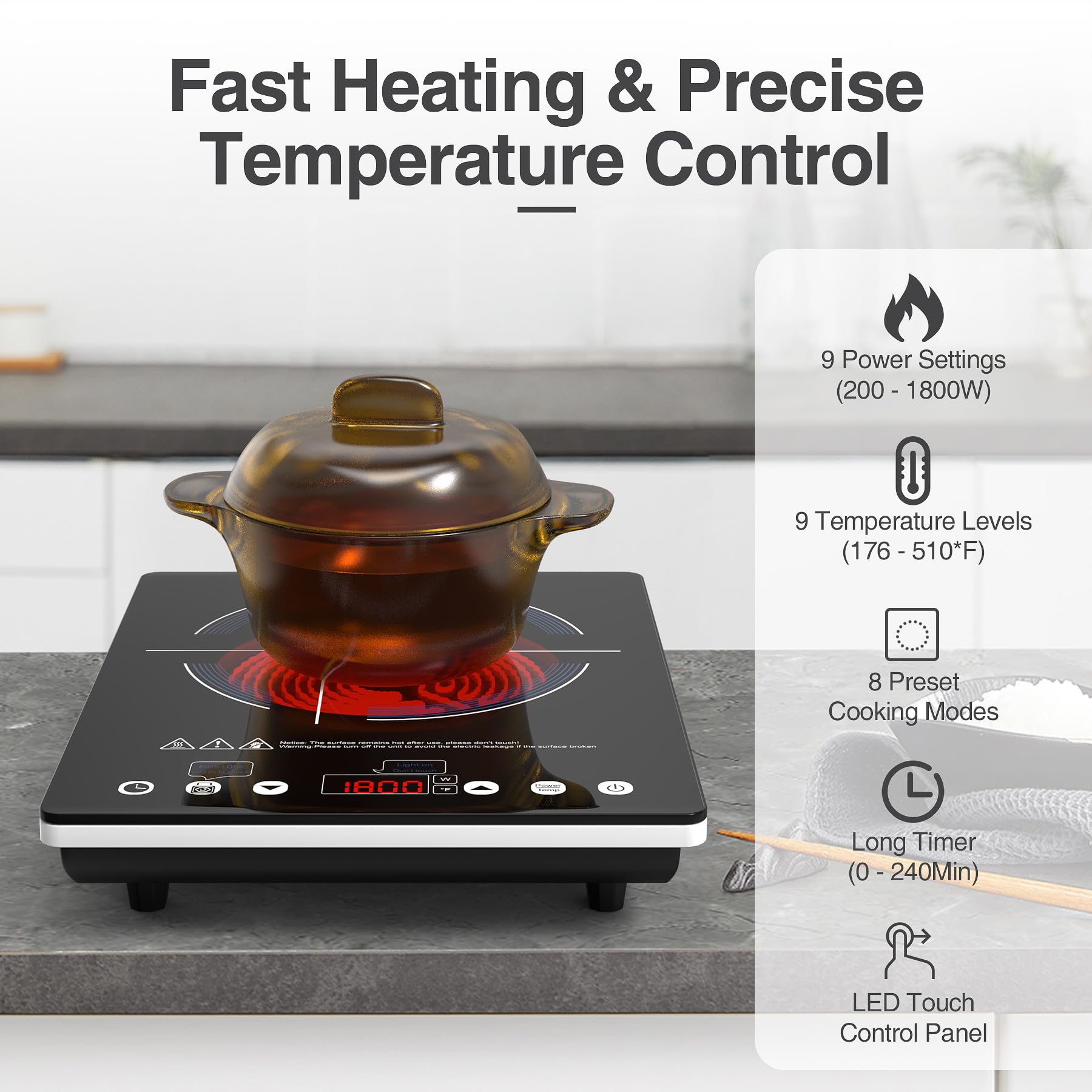 VBGK 1800W Portable Induction Cooktop - 110V Electric Stove Top with LED Touch Control, 9 Power Levels, Child Lock & Timer, Overheat Protection - Perfect for Dorms, Apartments, RVs & Small Kitchen Cooking