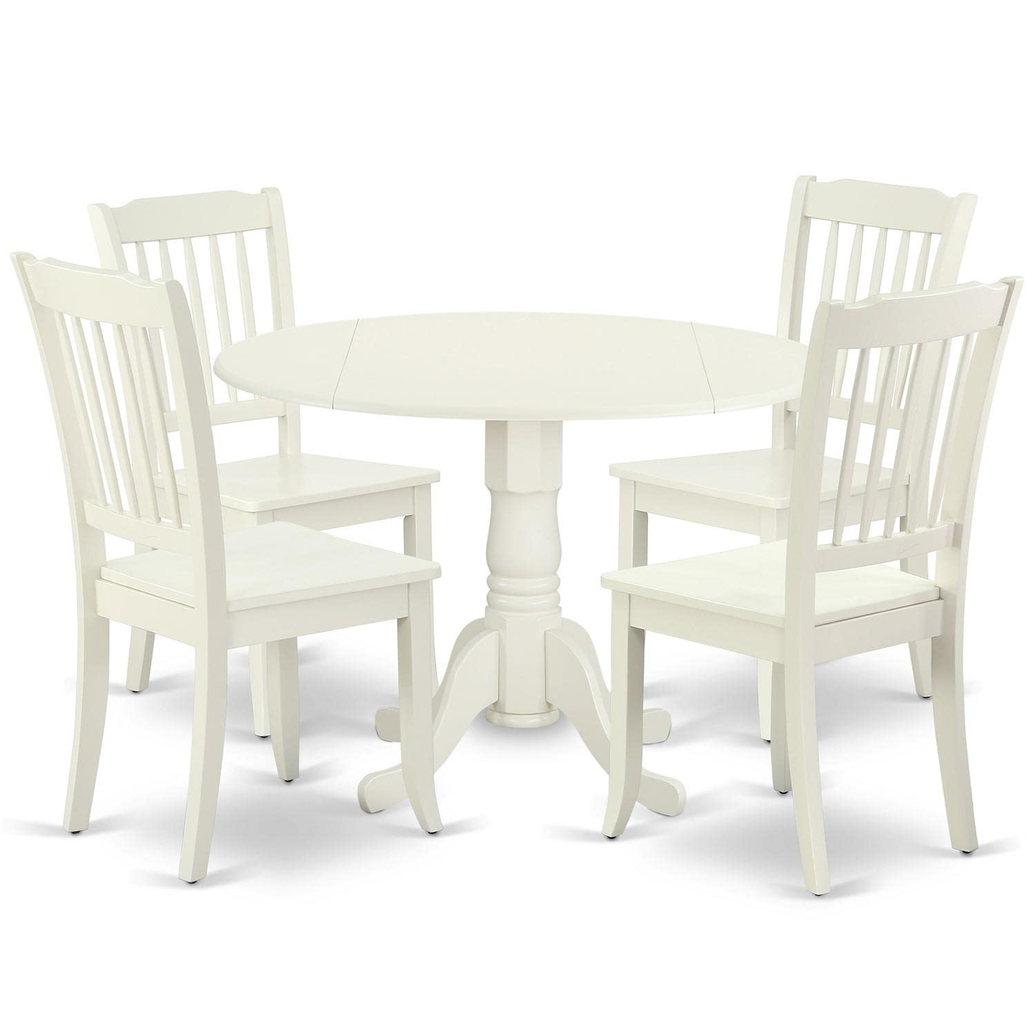 East West Furniture DLDA5-LWH-W 5-Piece White Dining Set with Round Drop Leaf Table & 4 Chairs, 42x42 Inch - Perfect for Small Kitchens, Breakfast Nooks & Cozy Dining Spaces