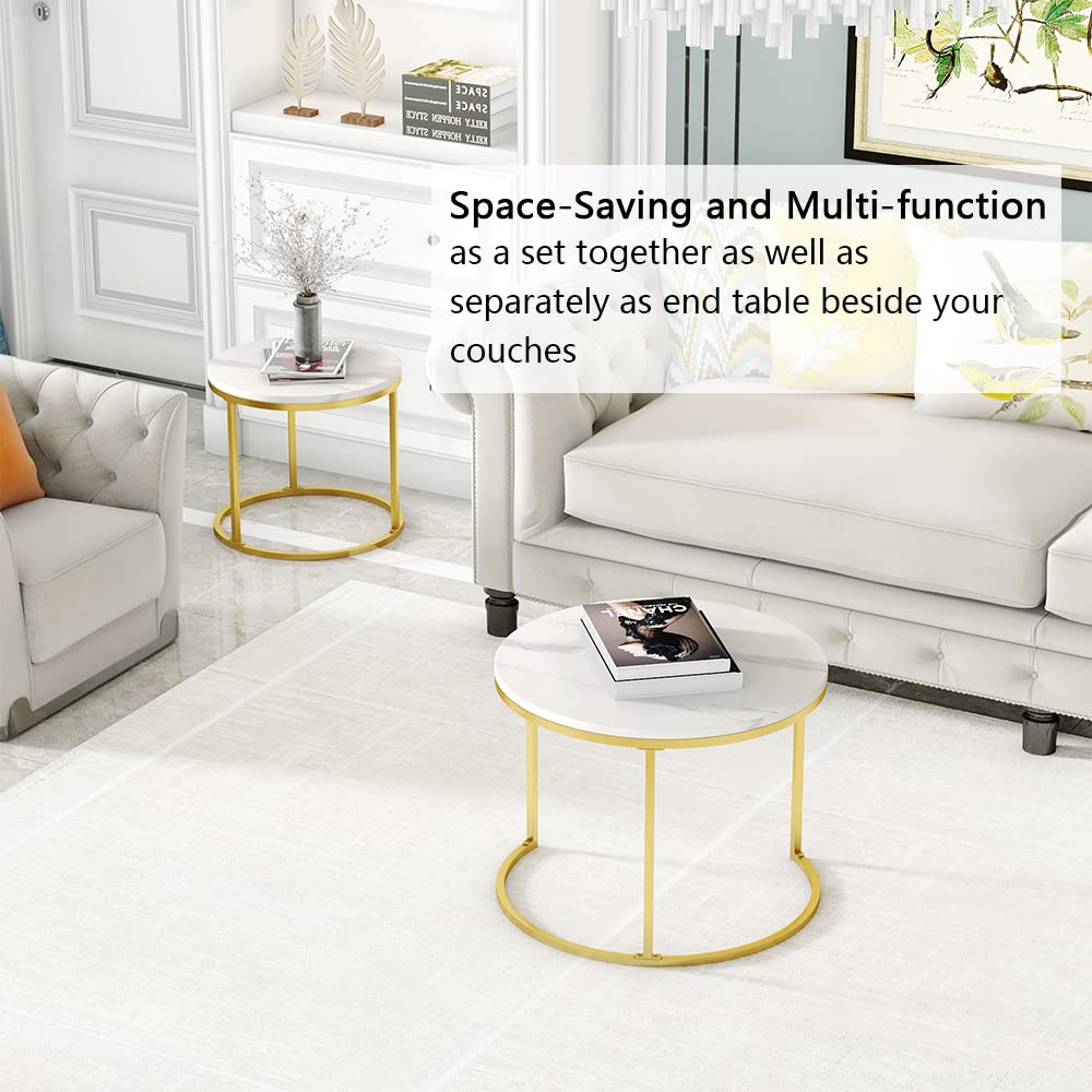 Modern Round Nesting Coffee Table Set of 2 - Sturdy Metal Frame & Marble Pattern Wooden Side Tables for Living Room - Sofa End Table & Cocktail Table for Dining Room & Home Decor - Perfect for Small Spaces, Apartments & Cozy Home Settings