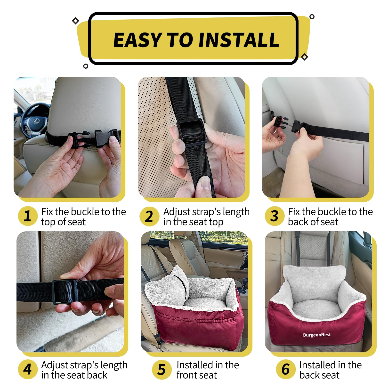 **BurgeonNest Small Dog & Cat Car Seat – Detachable, Washable Pet Booster for Pets Under 25 lbs – Soft Travel Carrier with Storage Pockets & Clip-On Leash (Red) – Perfect for Road Trips & Daily Commutes**