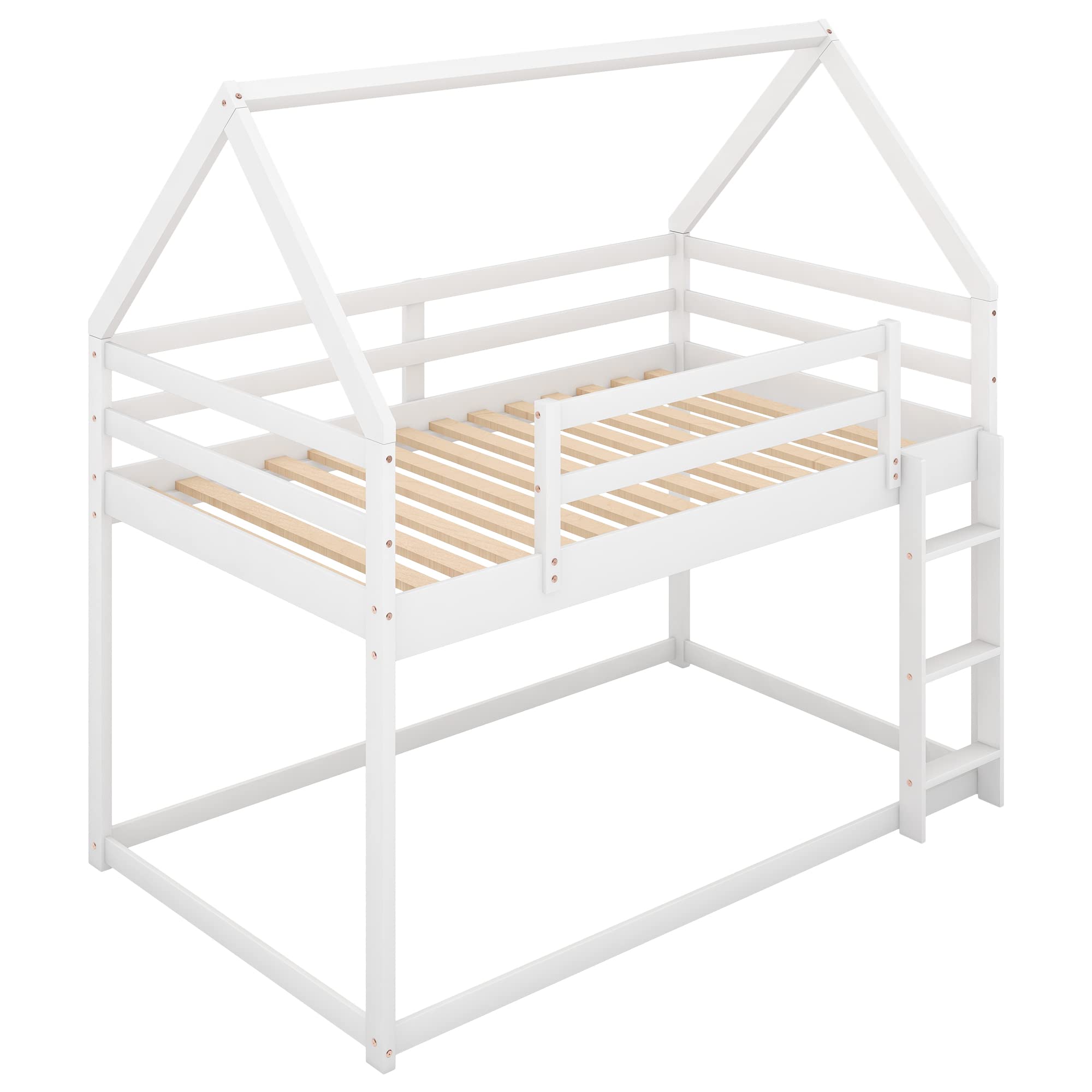 Wooden House Bunk Bed Twin Over Twin with Ladder - Kids Bunk Bed Frame for Boys & Girls - White Toddler Bunk Bed for Teens - Perfect for Small Bedrooms, Shared Kids Rooms & Space-Saving Sleep Solutions