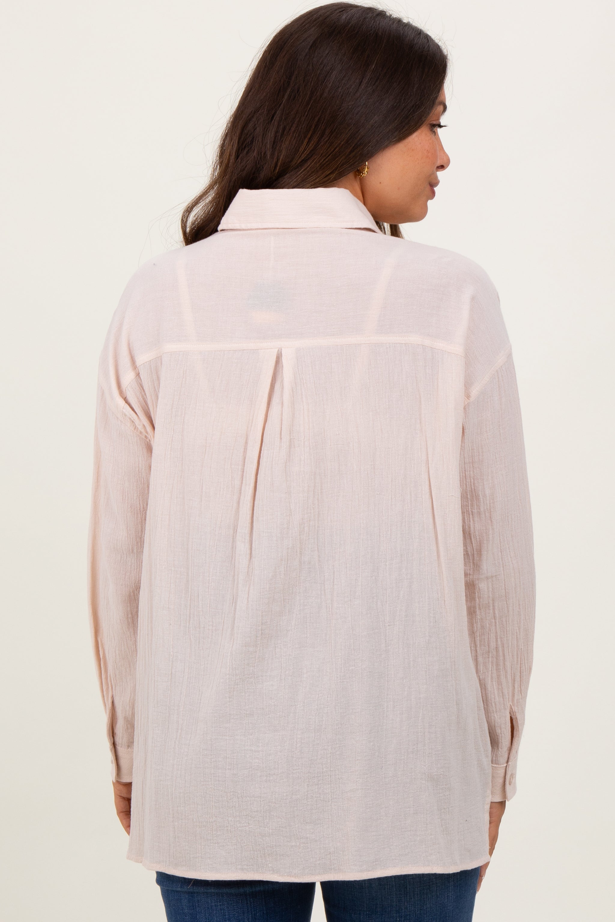 Beige Cotton Gauze Oversized Maternity Button Down Shirt for Women - Comfortable Nursing & Pregnancy Top for Casual Wear & Breastfeeding