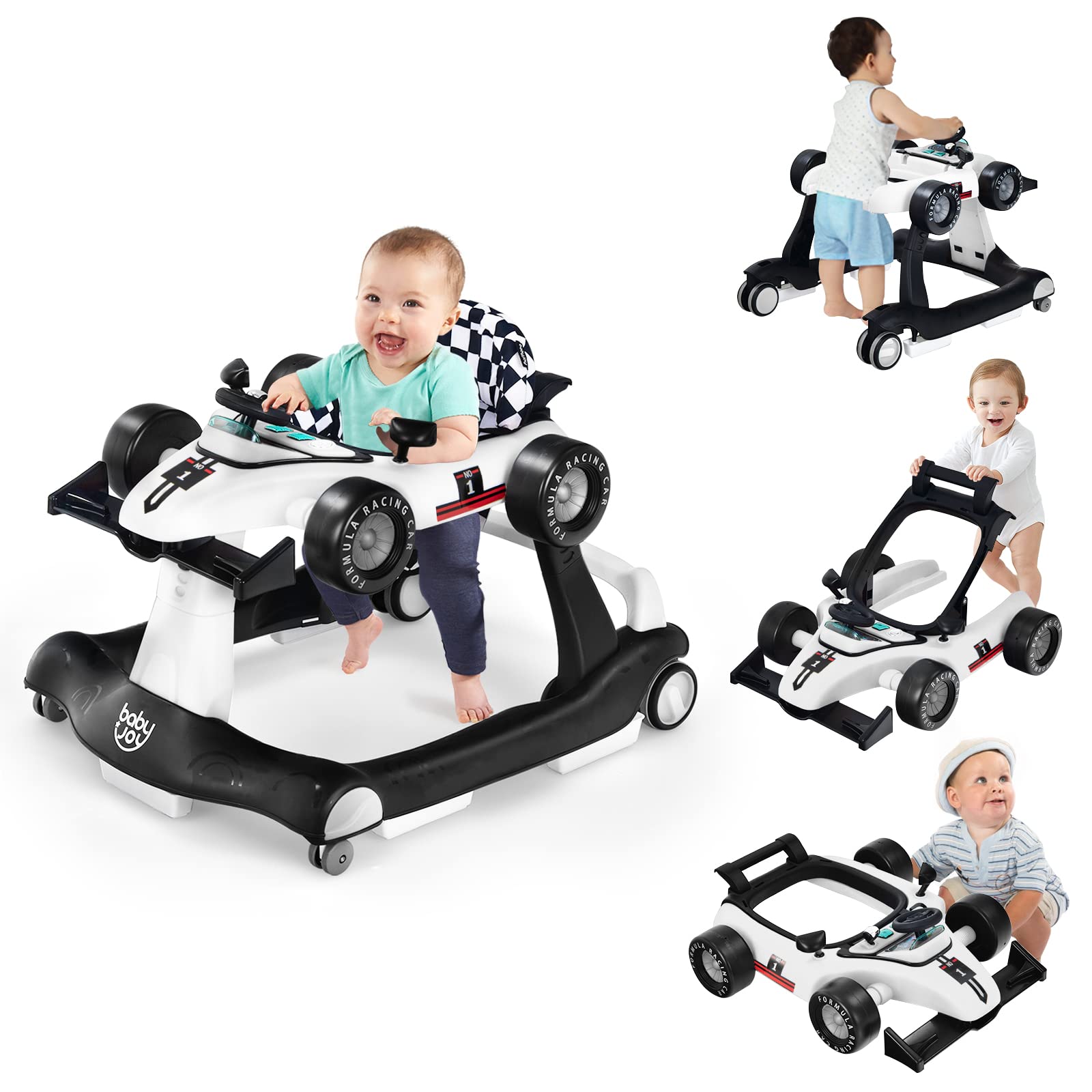 BABY JOY 4-in-1 Foldable Baby Walker with Adjustable Height & Speed - Musical Light-Up Activity Walker with Anti-Rollover Safety Wheels for Toddlers 6-18 Months (White) | Perfect for Learning to Walk, Indoor Play & First Birthday Gifts for Boys & Girls