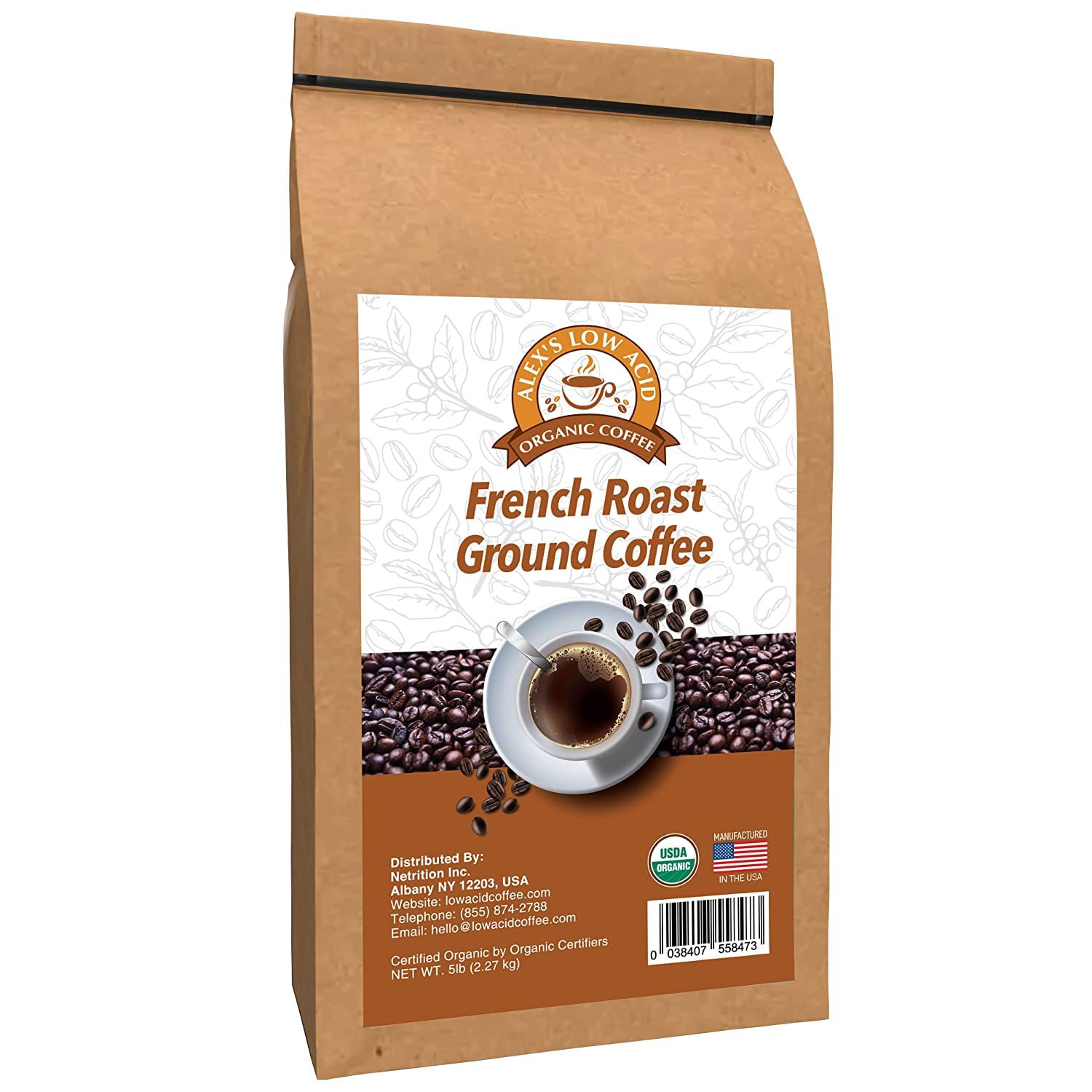 Alex's Low Acid Organic Coffee 5lb Bag - Fresh Ground French Roast | Premium Arabica Beans for Sensitive Stomachs | Perfect for Home Brewing, Office & Camping Use