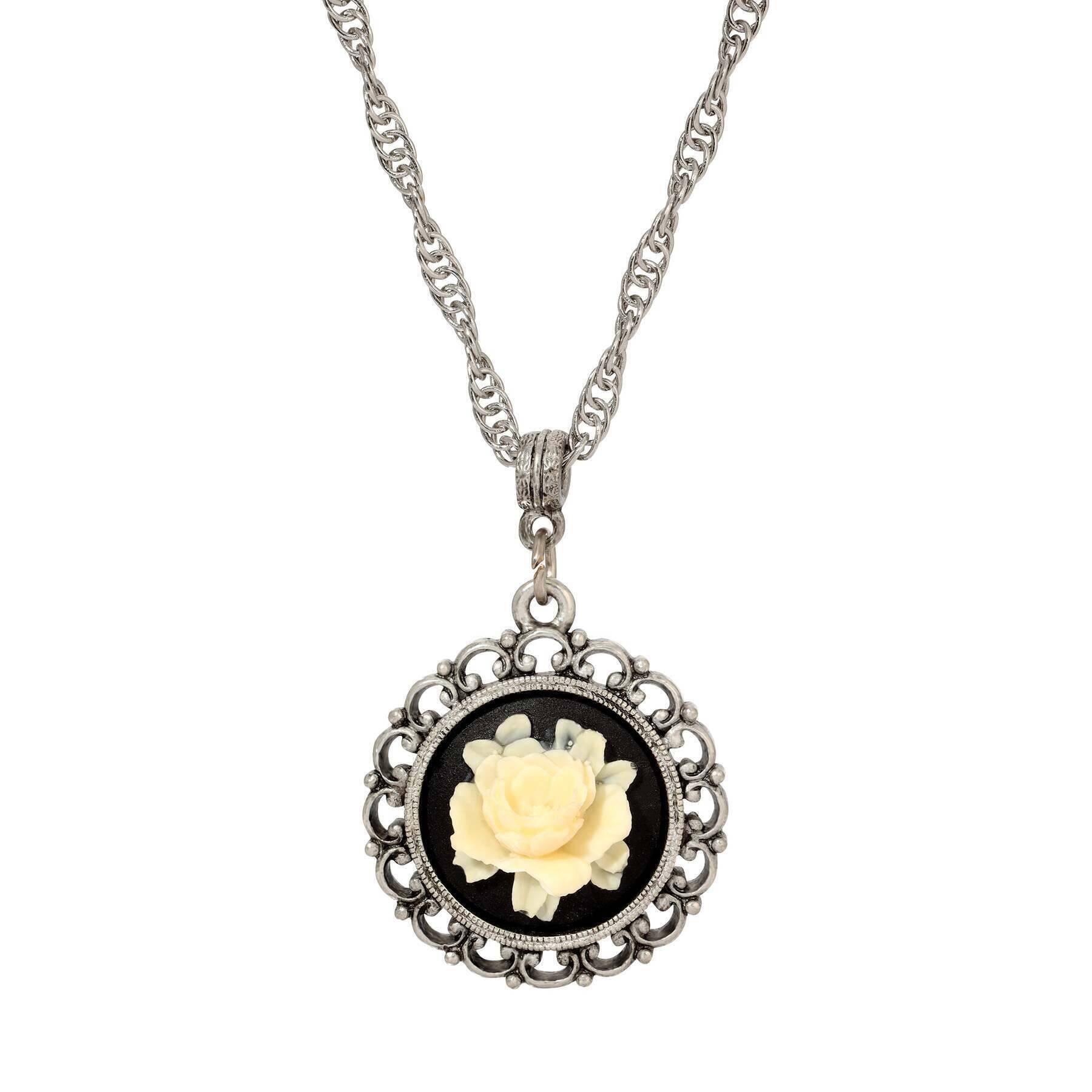 1928 Vintage Ivory White Flower Cameo Pendant Necklace - 18