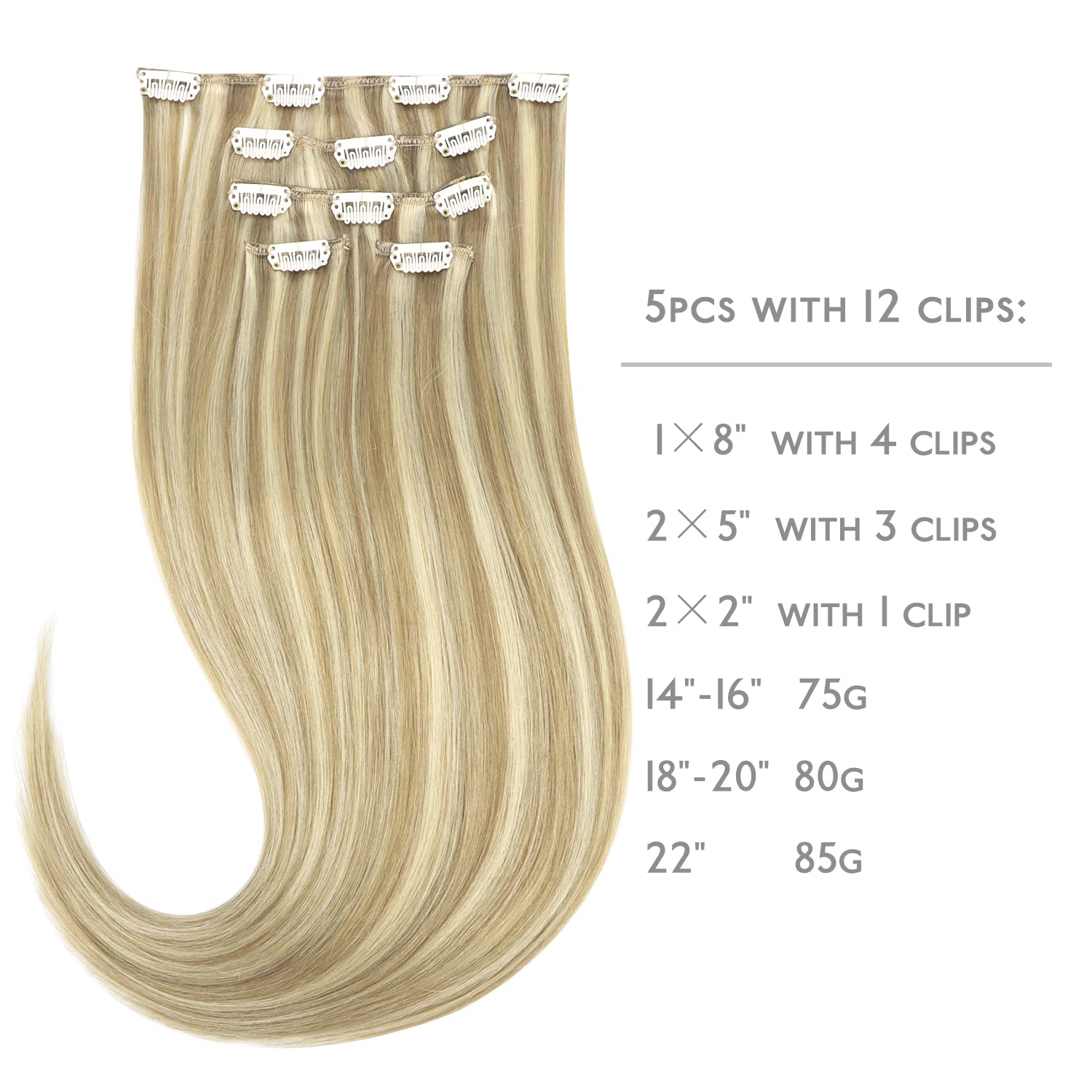 WENNALIFE 22 Inch Clip in Human Hair Extensions - 5pcs 85g Remy Real Human Hair, Light Blonde Highlighted Golden Blonde Virgin Hair for Women | Perfect for Daily Styling, Parties & Special Occasions