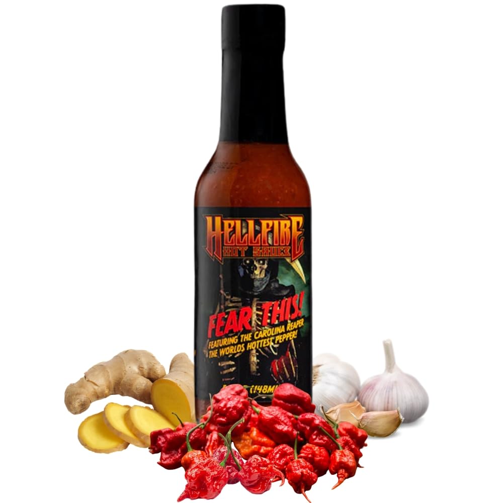 Hellfire Fear This! Award Winning Carolina Reaper Hot Sauce - 5oz Bottle (148ml) - World's Hottest Pepper Sauce for Wings, Tacos, Burgers & Spicy Food Lovers