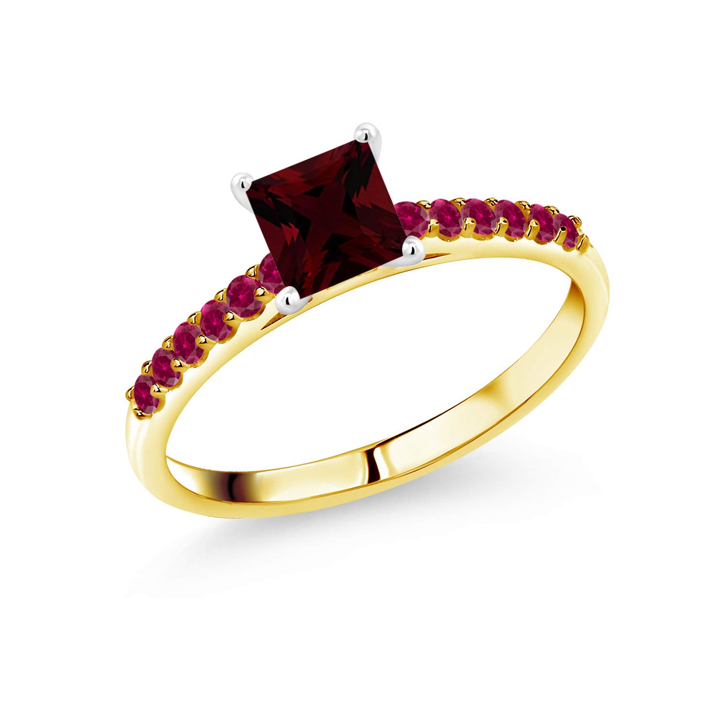 1.10 Ct Red Garnet & Created Ruby 10K Yellow Gold Ring with White Gold Prongs - Gem Stone King | Elegant Jewelry for Weddings, Anniversaries & Special Occasions