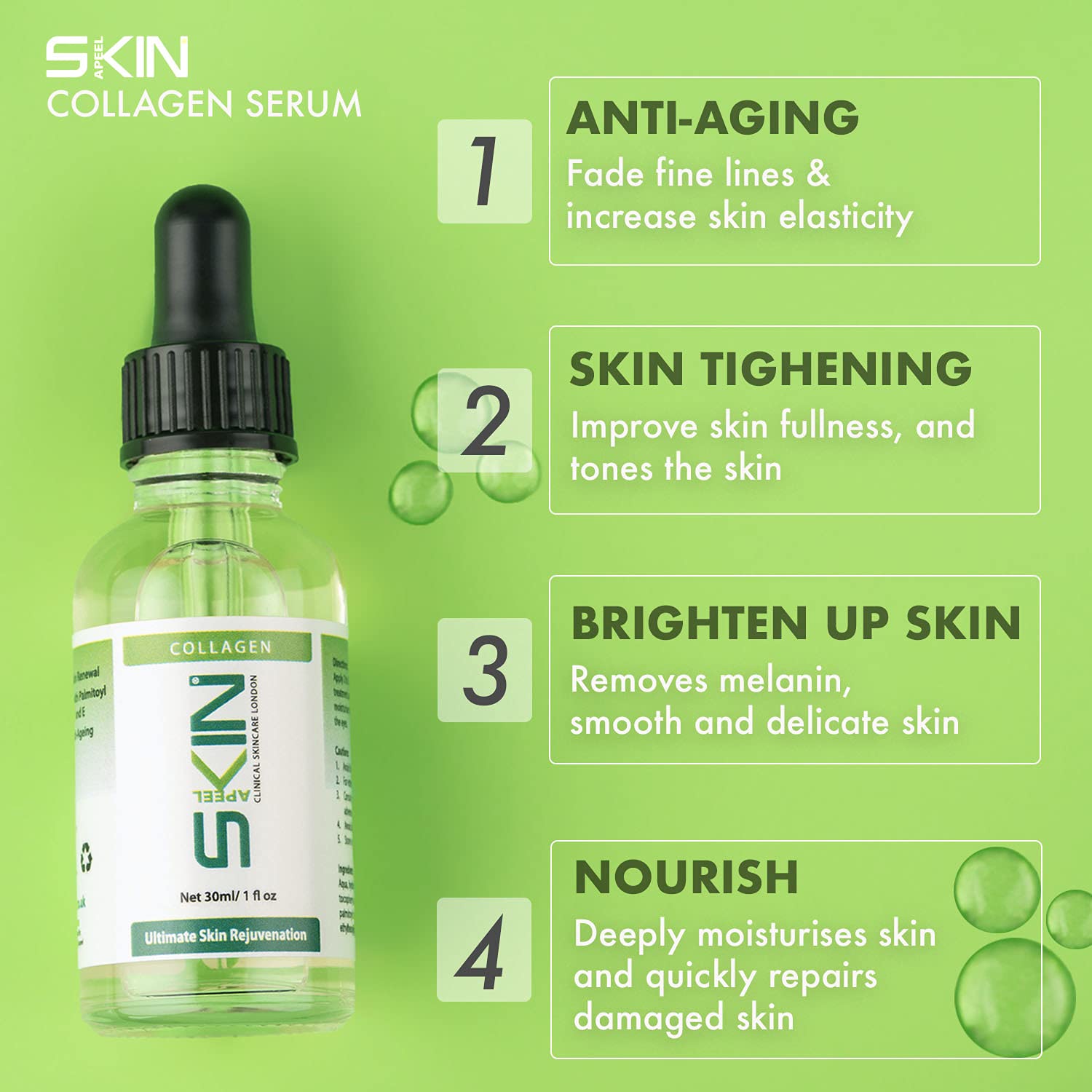30ml Collagen Serum for Face - 1 fl. oz Anti-Aging Clinical Skincare Made in UK - Best with Microneedle Derma Roller & Stamp for Wrinkles & Fine Lines - Perfect for Night Routine & Daily Skincare Regimen