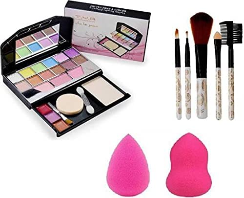 Women's & Girls' Mini Tya 5024 Multicolor Makeup Kit with 5 White Lightweight Brushes & 2 Pink Beauty Blenders - 8-Piece Set for Travel, Parties & Everyday Makeup | Perfect Gift for Teens & Beginners