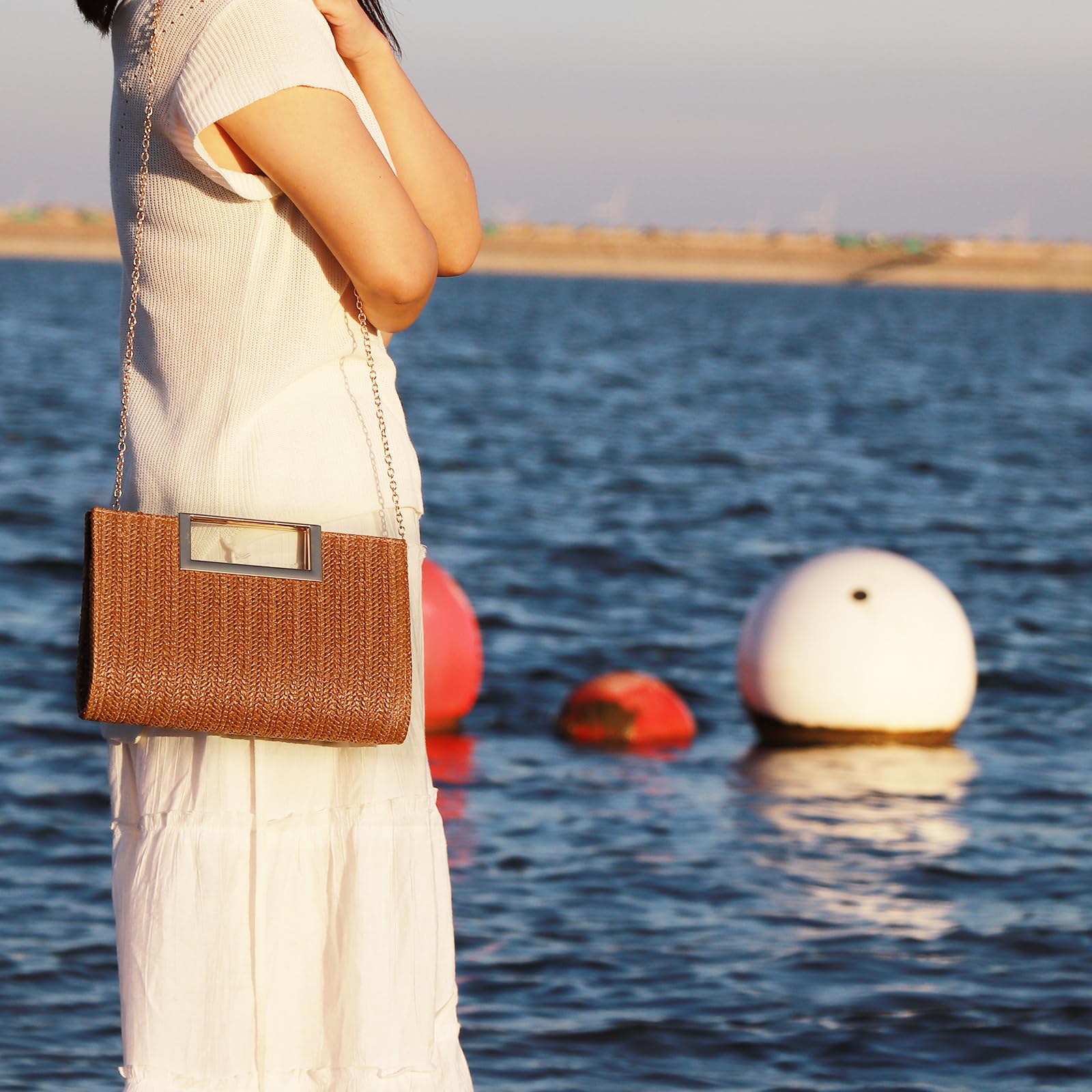 Elegant Straw Clutch Top Handle Purse for Women | Small Evening Bag with Chain Shoulder Strap | Crossbody Wedding Party Purse | Perfect for Bridal Showers, Cocktail Parties & Summer Events
