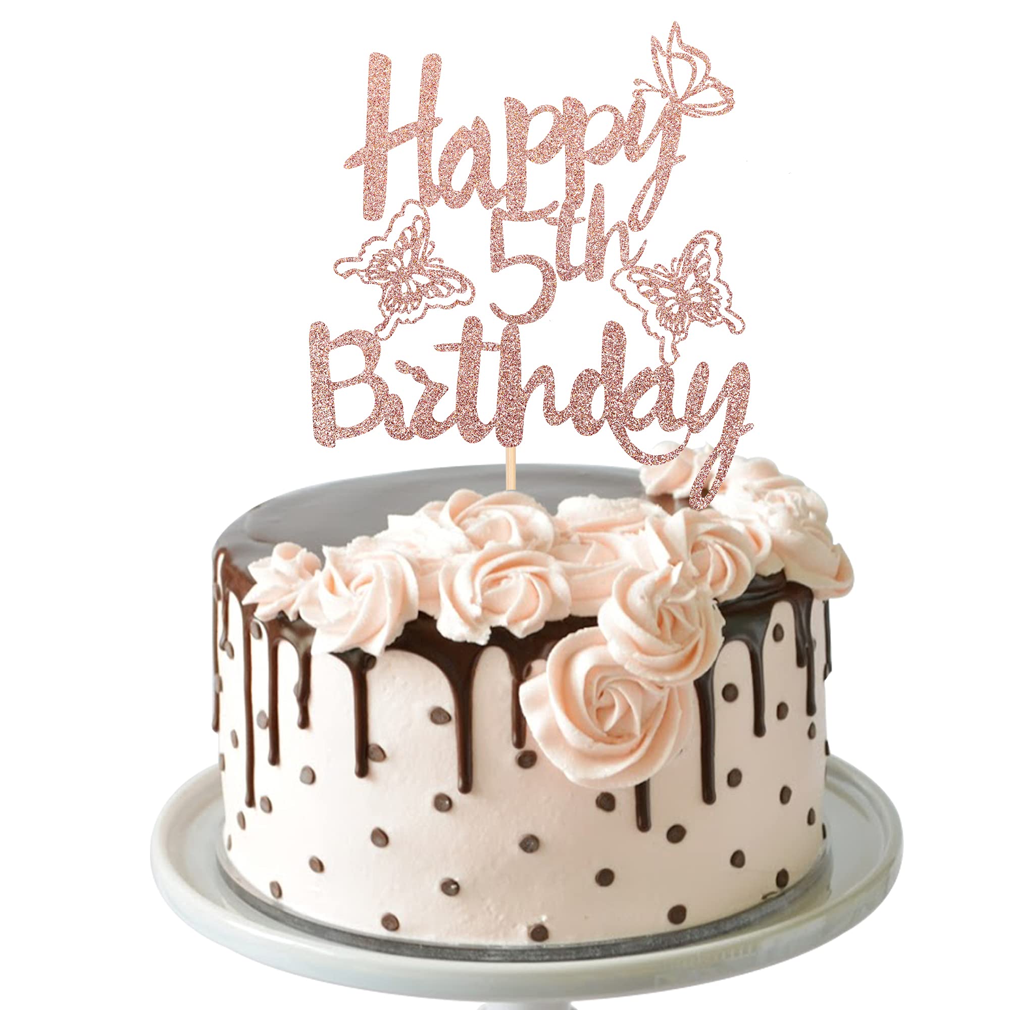 1 PCS Happy 5th Birthday Cake Topper with Glitter Butterfly - Cheers to 5 Years Old Rose Gold Cake Decoration for Anniversary Party Supplies | Perfect for Kids Birthday Cakes, Cupcakes & Celebration Desserts