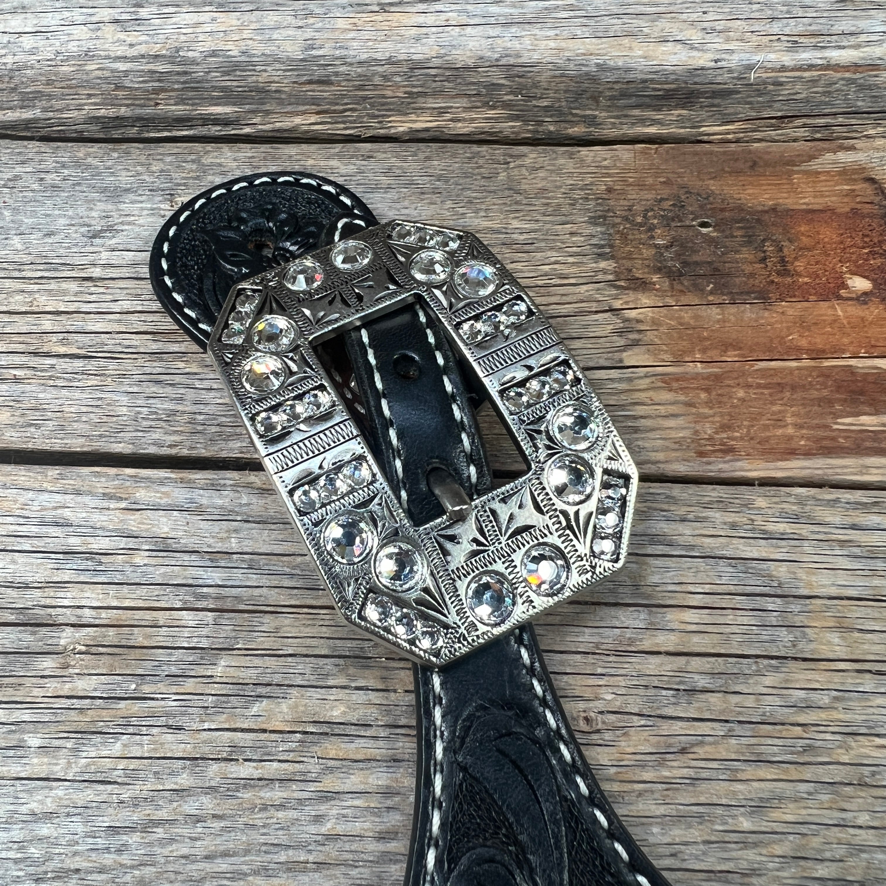 Black Floral Tooled Spur Straps with European Clear Buckles #SS107 - Western Riding Gear for Cowboy Boots & Equestrian Fashion