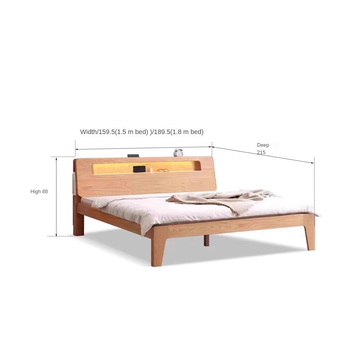 Solid Oak and Beech Wood Bed with Built-in LED Lights and Bookshelf - Modern Bedroom Furniture for Small Spaces, Lofts, and Studio Apartments