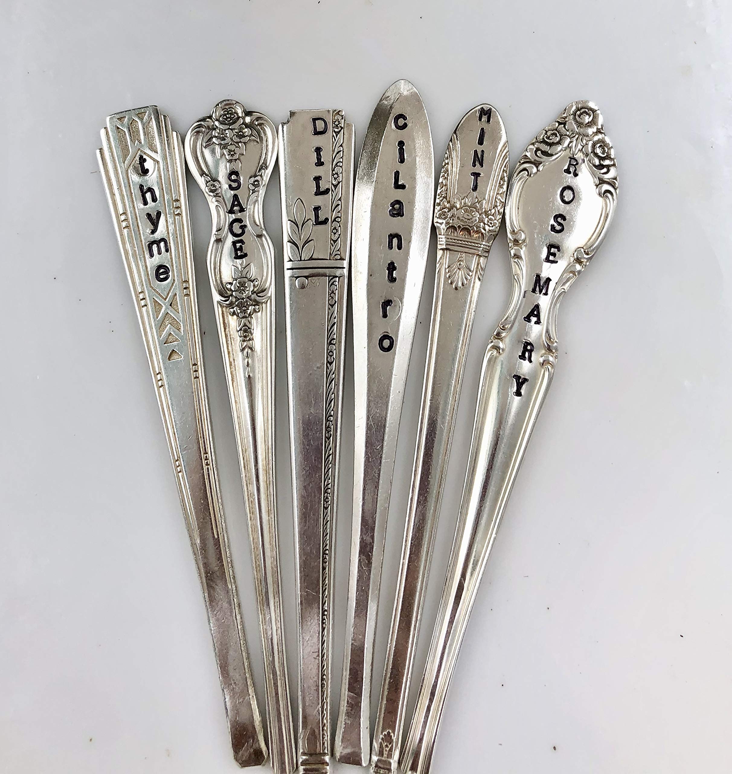 6-Piece Herb Marker Set - Silver Plated Spoon Handles, Hand-Stamped & Recycled - Unique Garden Markers for Herbs, Plants & Gardening Gifts