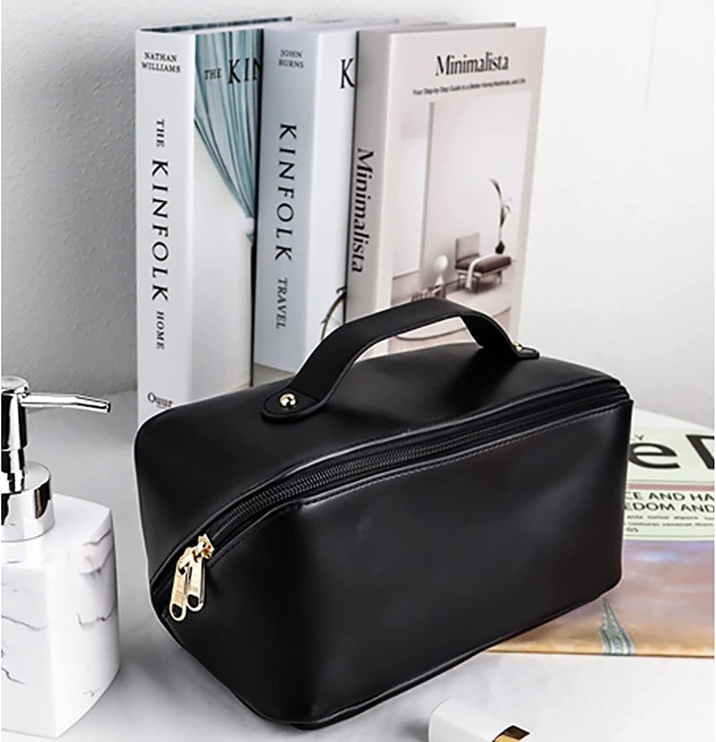 Leather Cosmetic Travel Bag for Women - Portable Makeup Organizer with Handle & Divider - Perfect for Travel & Daily Use