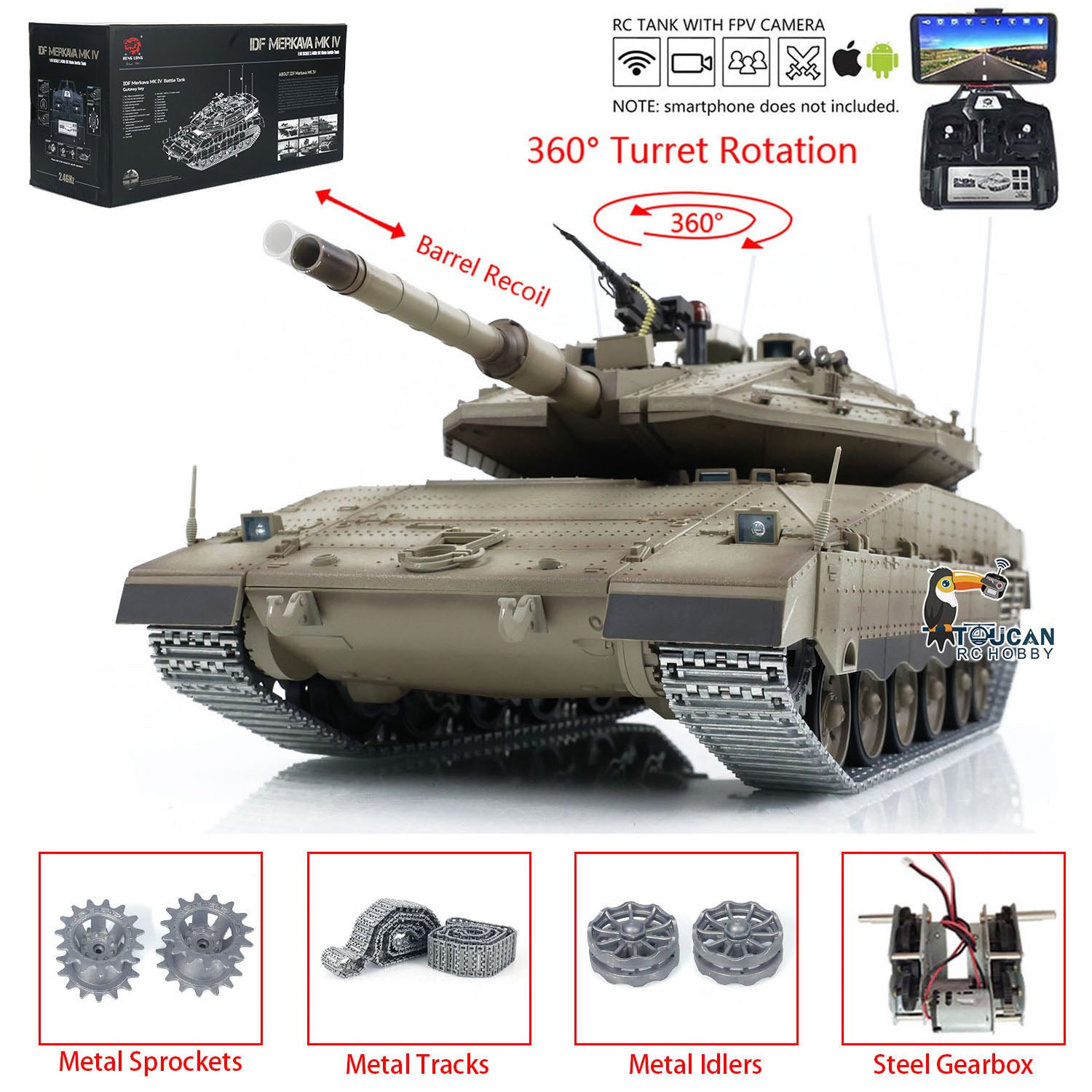1:16 Heng Long 3958 RC Main Battle Tank IDF Merkava MK IV FPV Upgrade Edition with Metal Tracks, 360° Rotating Barrel & Recoil - Remote Control Military Tank Toy for Adults & Kids, Outdoor Battle Simulation & Collection Display