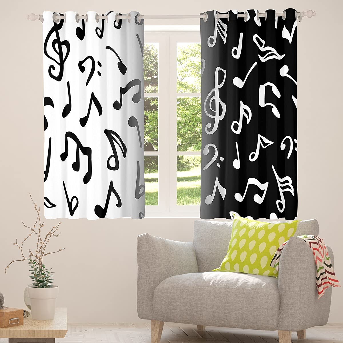 Black & Gray Music Notes Window Curtains for Boys, Teens & Kids - 76x45 Inch Hip Hop Style Drapes for Bedroom & Living Room Decor - Perfect for Music Lovers' Rooms, Dormitories & Themed Party Decorations