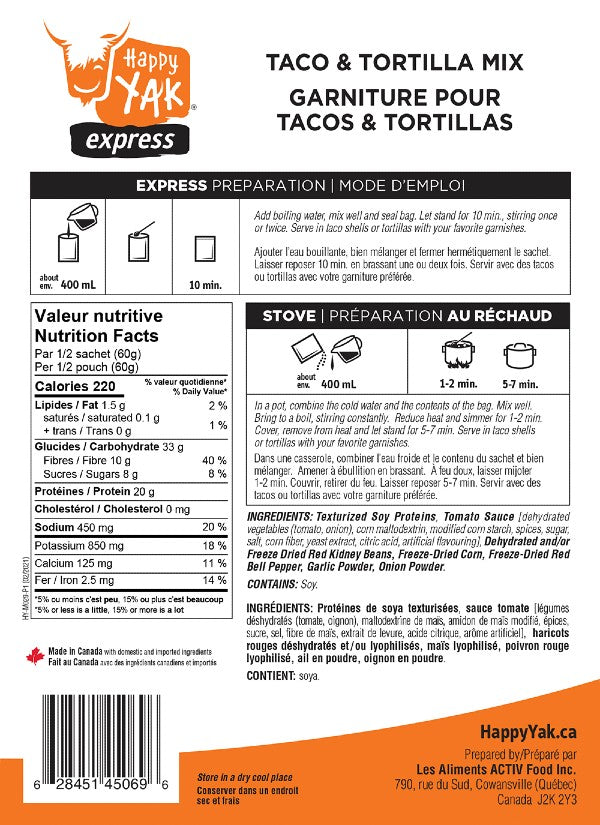 Happy Yak Vegetarian Taco & Tortilla Mix - Plant-Based Protein, Gluten-Free, Non-GMO - Perfect for Taco Tuesday, Meal Prep & Healthy Family Dinners