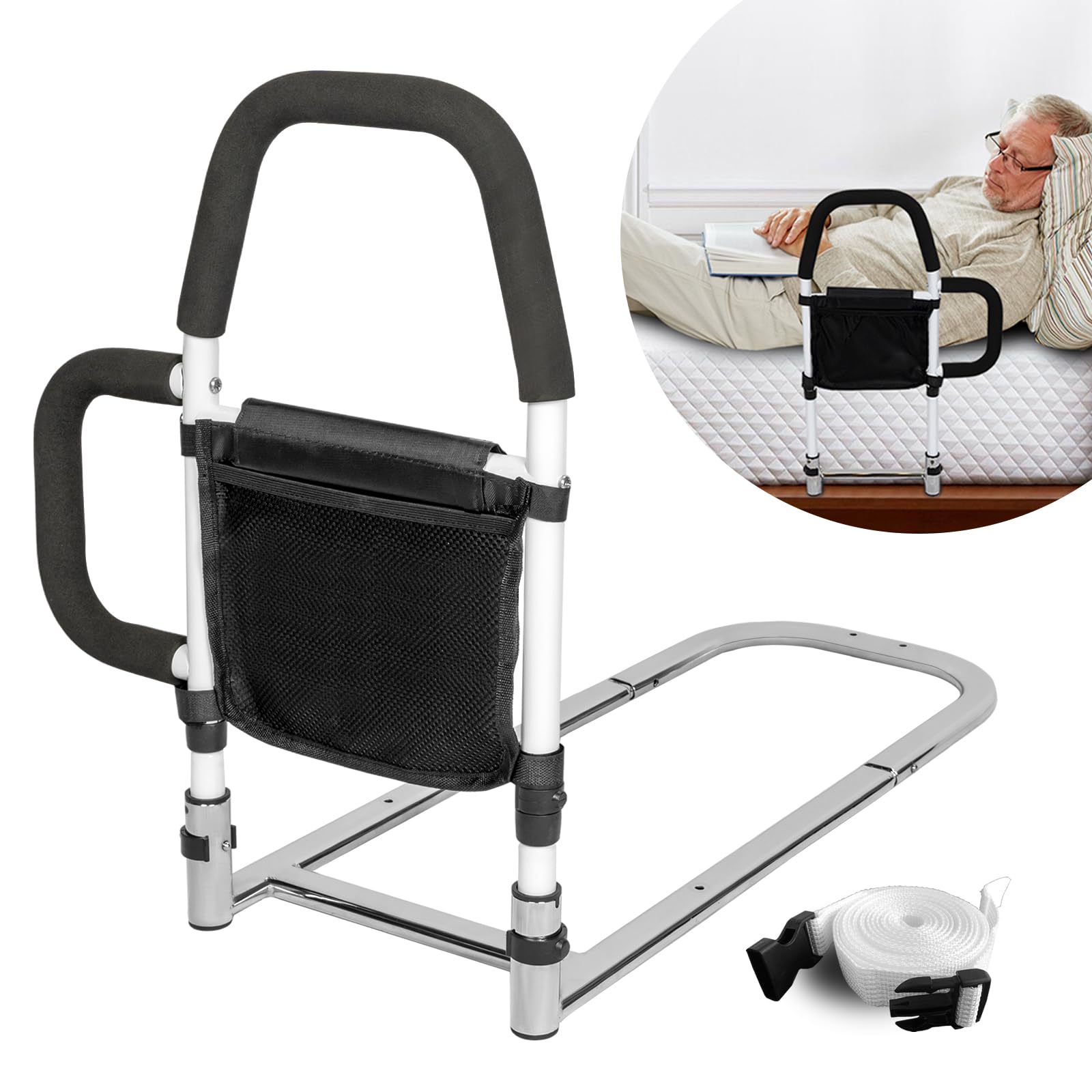 **Bed Rails for Elderly Adults - Adjustable Safety Bed Assist Rail with Dual Grab Bars & Storage Pocket - Supports Up to 300lbs - Fits King, Queen, Full & Twin Beds - Ideal for Seniors, Post-Surgery Recovery & Home Care Assistance**