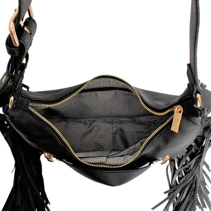 Black Fringe Shoulder Bag for Women - Stylish Motorcycle Crossbody Purse - Perfect for Biker Outfits, Concerts & Casual Wear