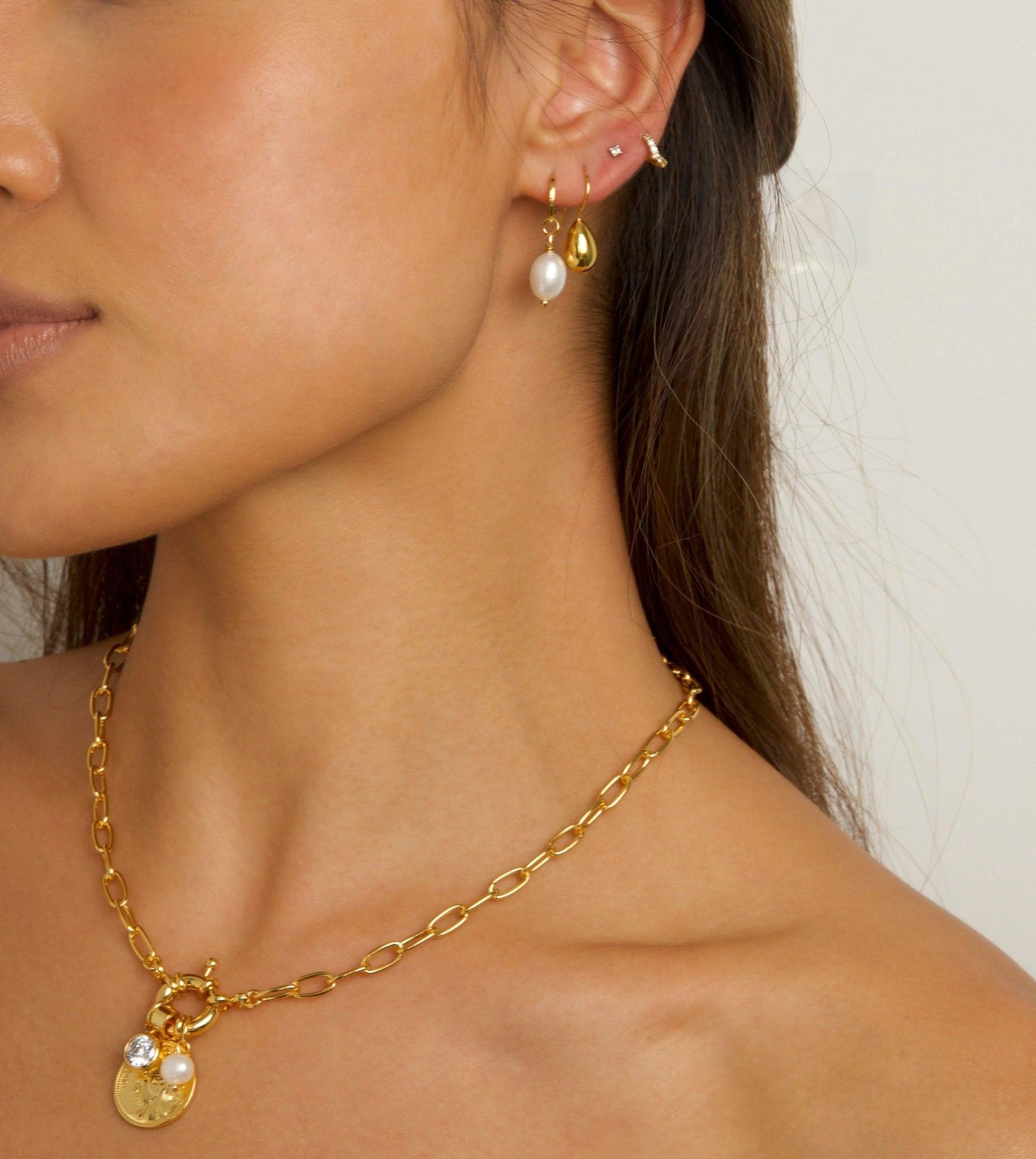 Elegant Pearl Hoop Earrings for Women - 14K Gold Plated Classic Dangle Earrings - Perfect for Weddings, Parties & Everyday Wear