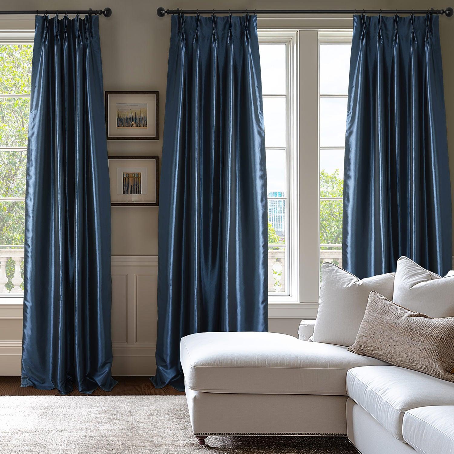 Navy Blue French Pleat Faux Silk Taffeta Blackout Curtains for Bedroom & Living Room - Light Blocking, Noise Reducing, Thermal Insulated Window Drapes