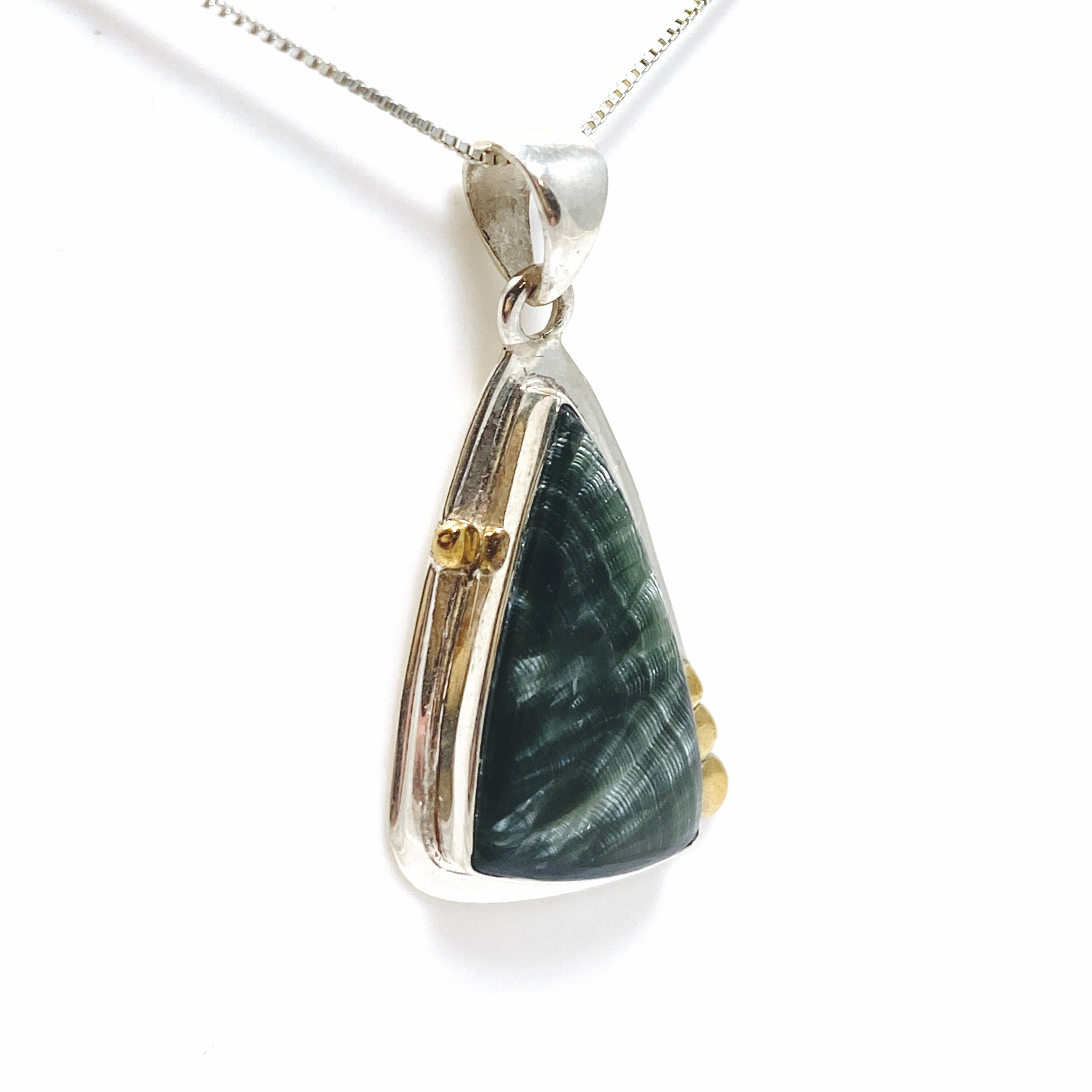 Seraphinite Freeform Cabochon Pendant - Handmade Silver Jewelry with Decorative Setting KPGJ4846 | Perfect for Spiritual Healing, Meditation & Unique Gift Giving