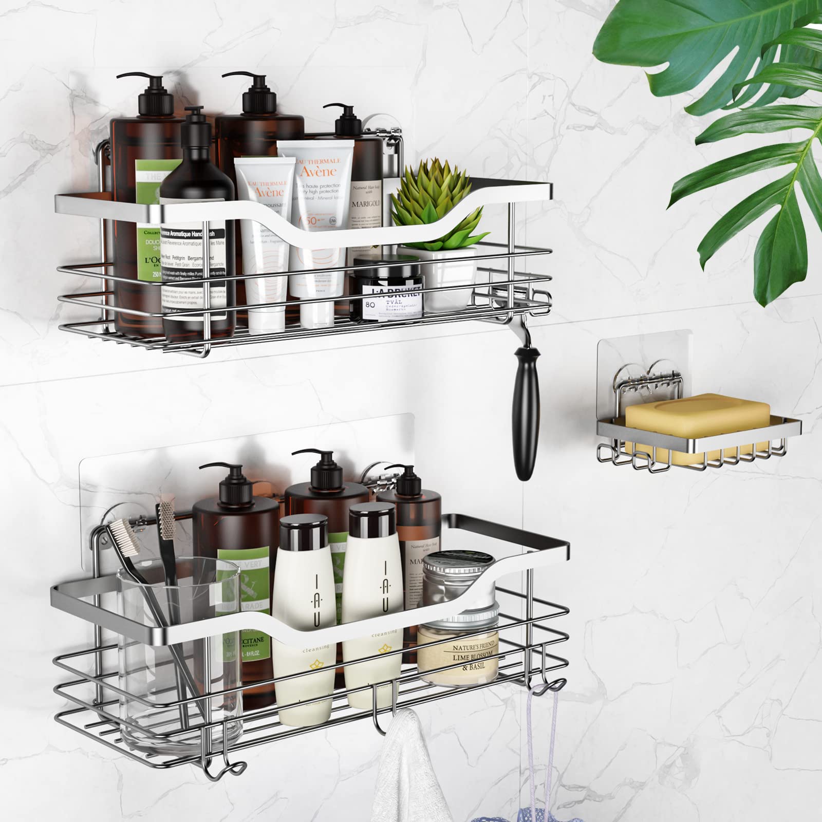 GOGOKIT 3-Pack Rustproof Stainless Steel Shower Caddy with Hanging Hooks - Wall Mounted Bathroom & Kitchen Storage Organizer - No Drill Adhesive Mount - Large Capacity Space Saving Accessories Holder (Silver) - Perfect for Showers, Bathrooms, Kitchens & Dorm Rooms