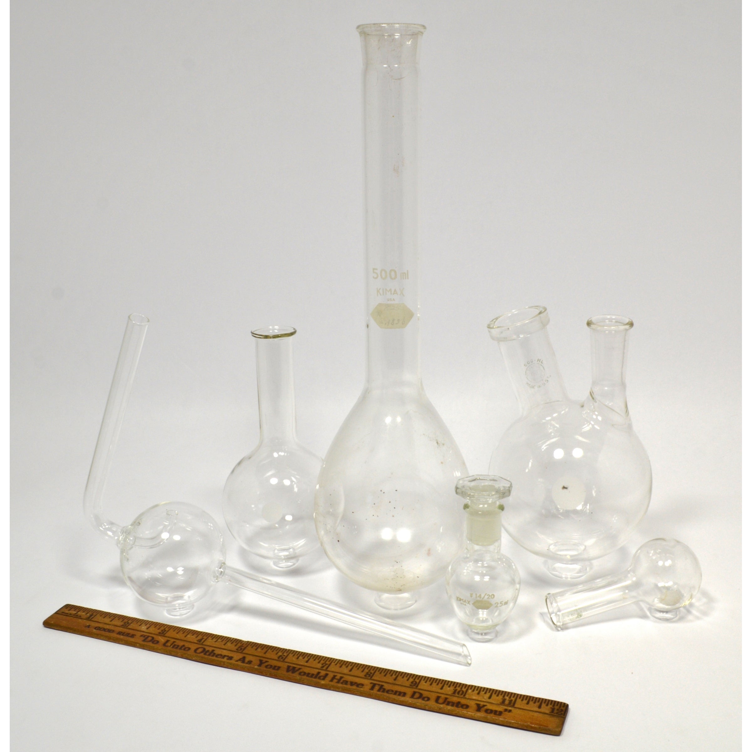 PYREX & KIMAX Lab Glassware Set of 6 Round Bottom Flasks with 2 Neck Florence - Perfect for Chemistry Experiments, Distillation & Scientific Research