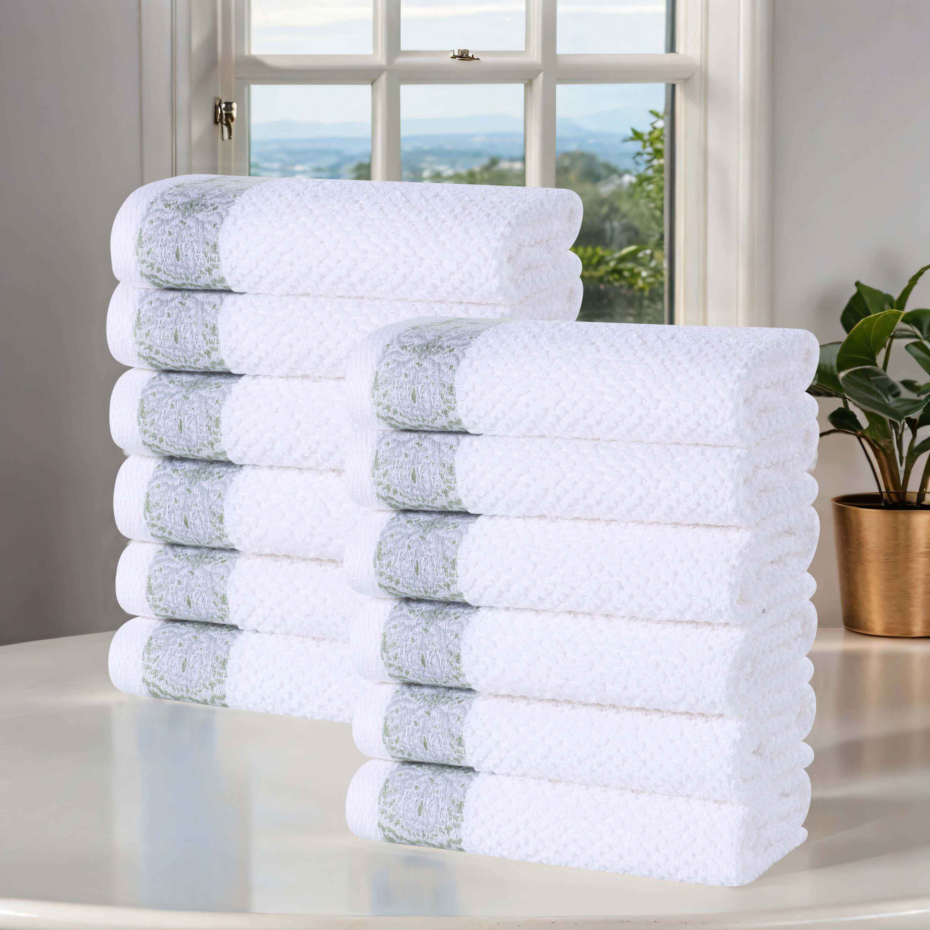 Premium Medallion Cotton Jacquard Textured Face Towels & Washcloths Set of 12 - Soft Bath Towels for Spa, Gym & Luxury Home Use