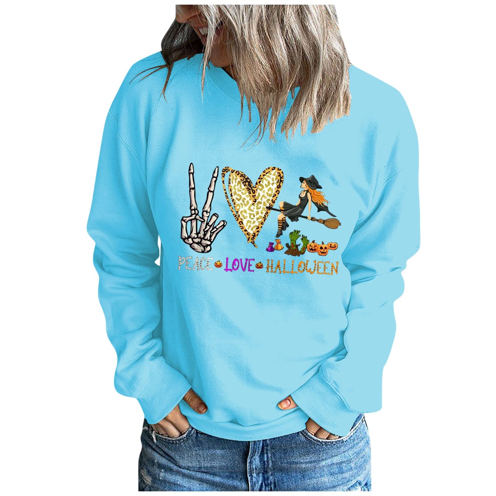 Women's Halloween Long Sleeve Sweatshirt - Pumpkin Skull Skeleton Print Vintage Pullover - Funny Spooky Graphic Crewneck Top for Costume Parties & Fall Festivals