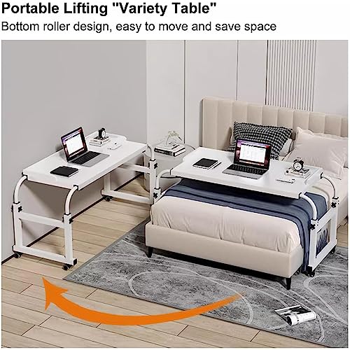 Adjustable Overbed Table with Wheels - Mobile Rolling Laptop Desk for Twin/Full/Queen/King Size Beds - Perfect for Working, Eating, Reading in Bed or Hospital Use