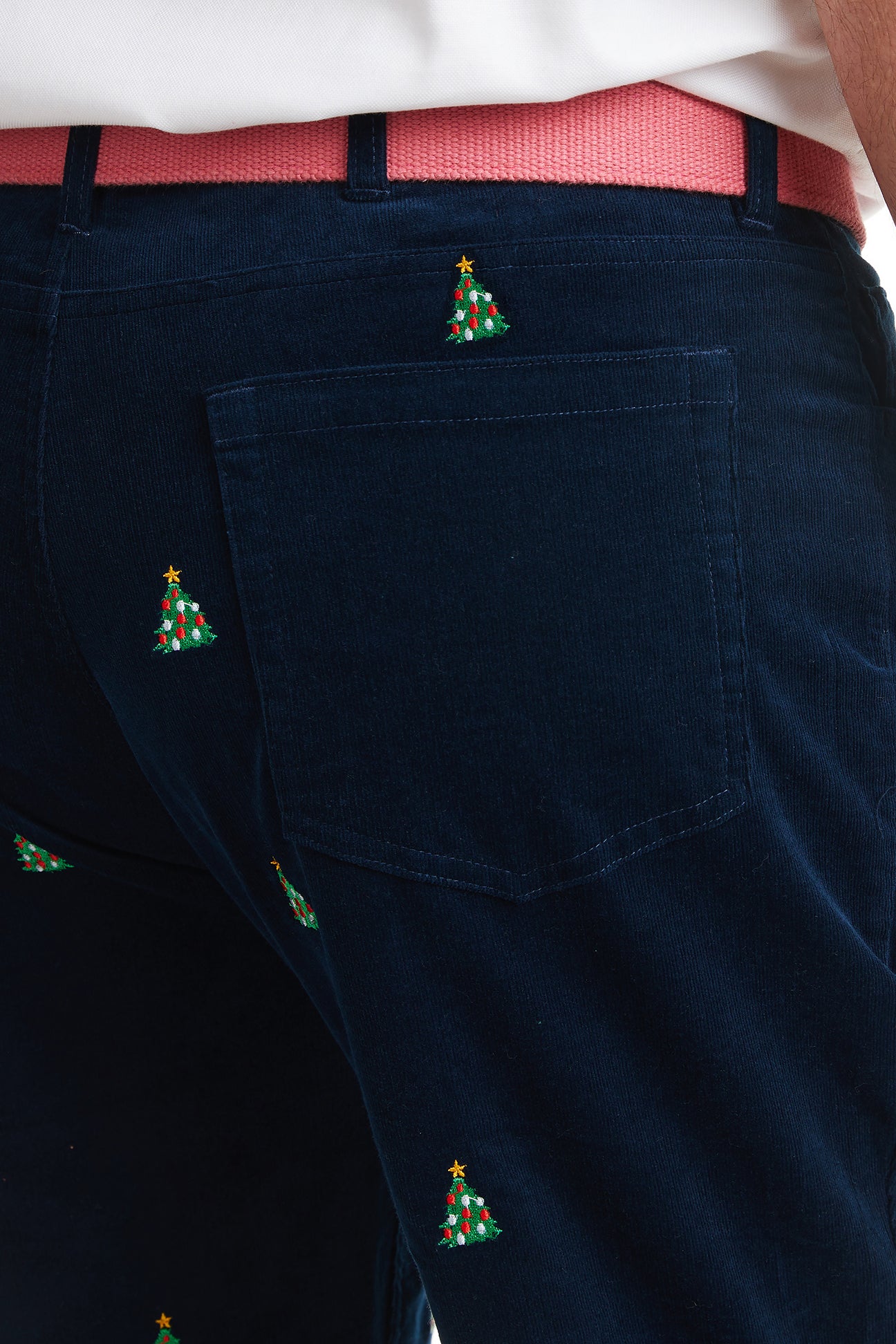 Wayfarer 5 Pocket Pinwale Corduroy Pants for Men - Nantucket Navy with Christmas Tree Design | Comfortable Casual Winter Trousers for Holiday Parties & Office Wear