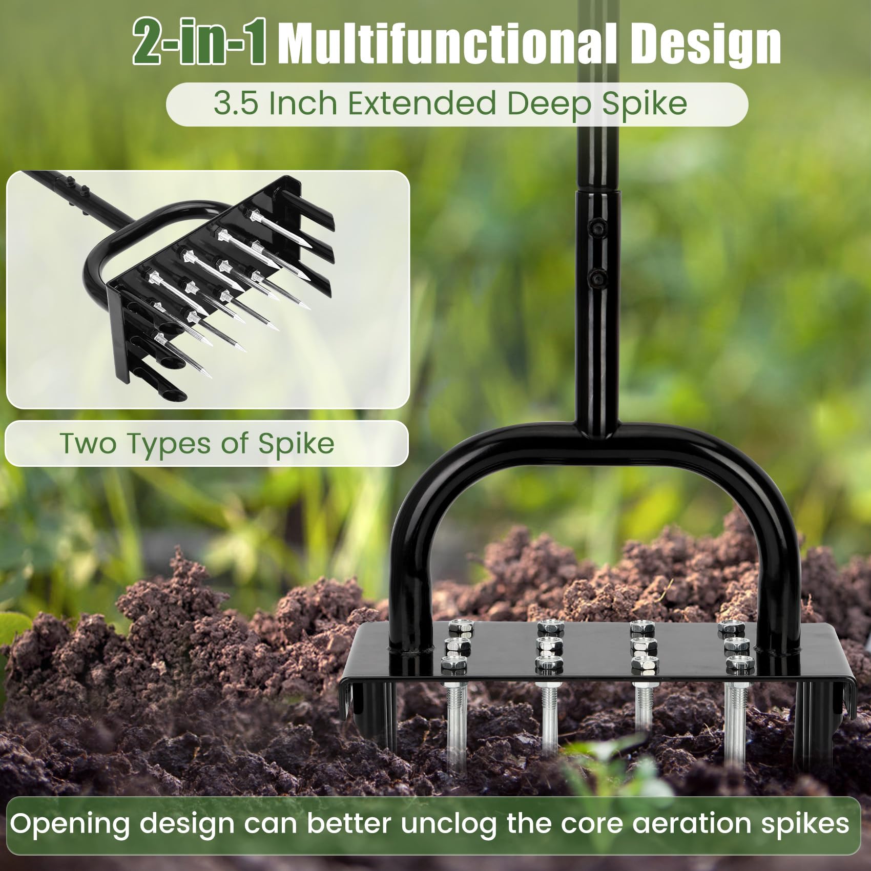 2-in-1 Lawn Aerator Tool - Heavy Duty Carbon Steel Manual Grass Aerator with 24 Spikes for Compacted Soil | Perfect for Lawn Care, Gardening & Soil Aeration | Ideal for Home Gardens, Backyards & Professional Landscaping