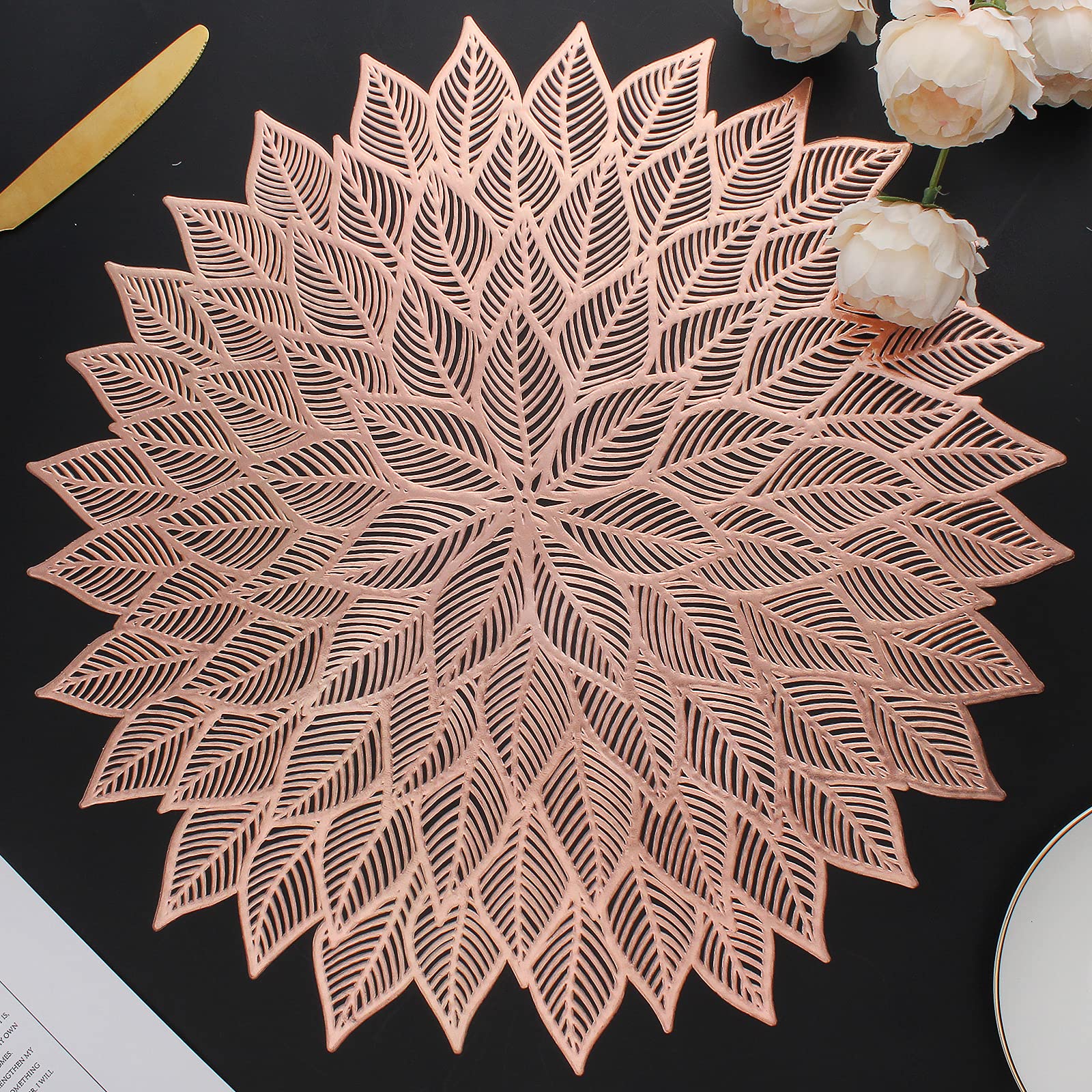 6-Piece Round Floral Vinyl Placemats Set - Hollow Out Flower Design for Dining Table Decor, Holiday Party, Wedding Centerpiece (Rose Gold) | Elegant Table Setting for Dinner Parties & Special Occasions